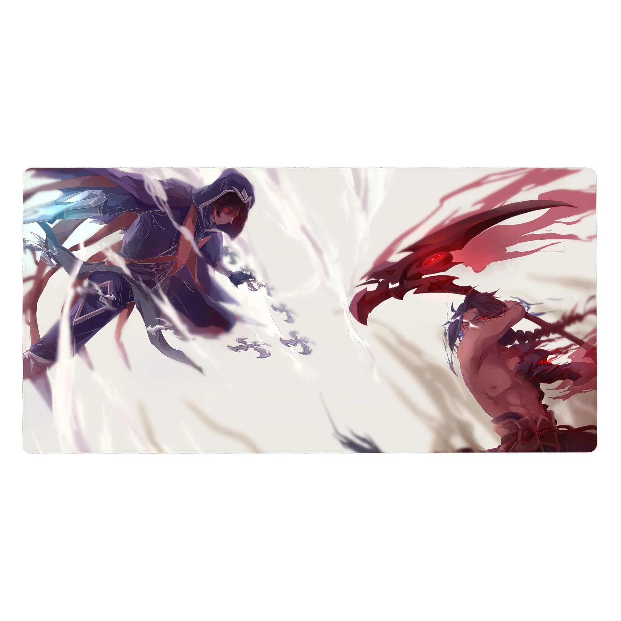 Anime desk pad 40x20 inches with two airborne rivals colliding under a white storm, clean composition.