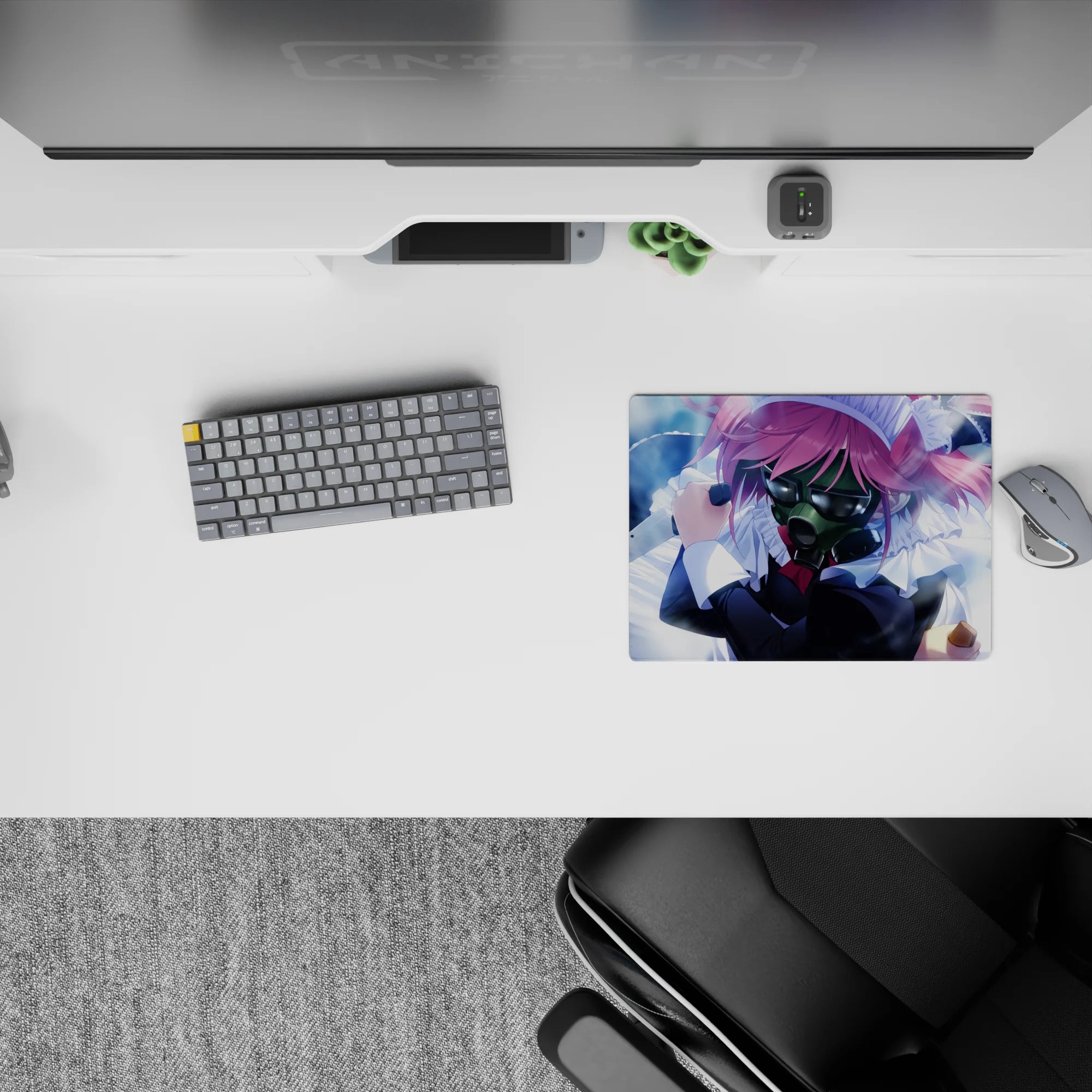 Stormy blue haze meets bright pink hair on 14x10 inches anime girl mouse pad, chaotic-cute mood.