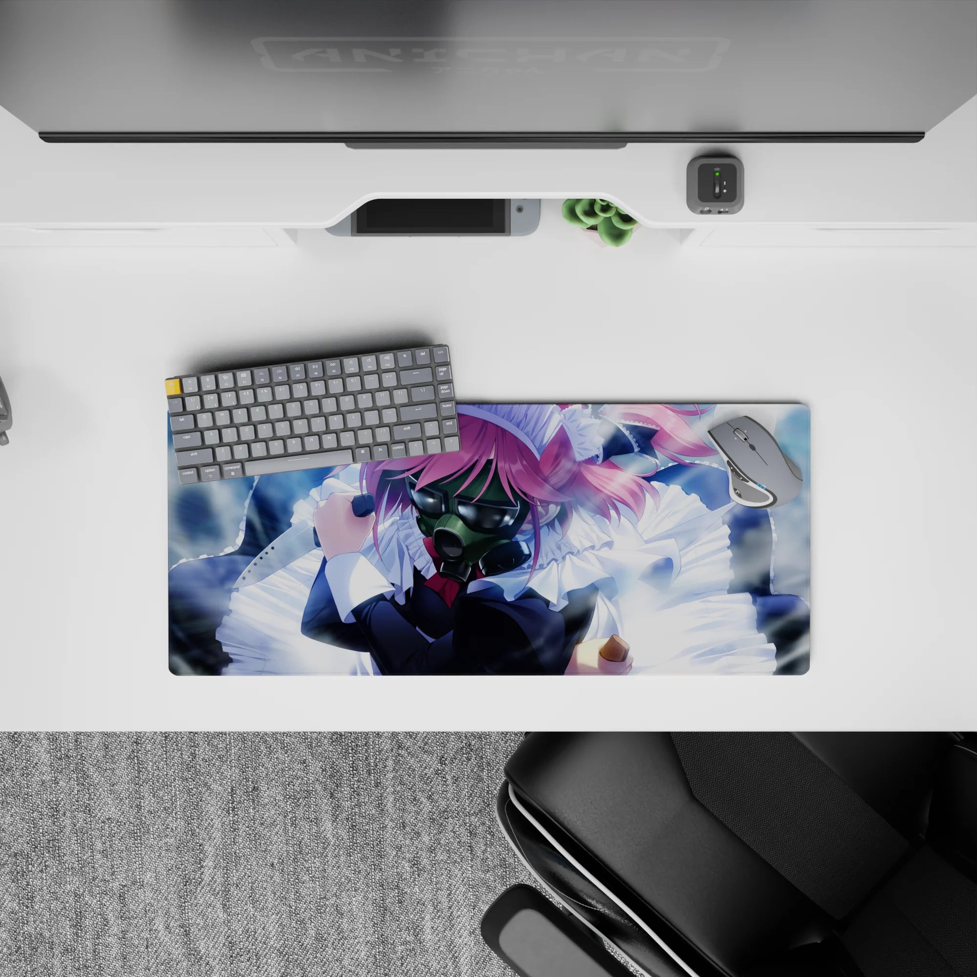 Stormy blue haze anime girl mouse pad 28x12 inches, pink hair and metallic shine, chaotic-cute mood.