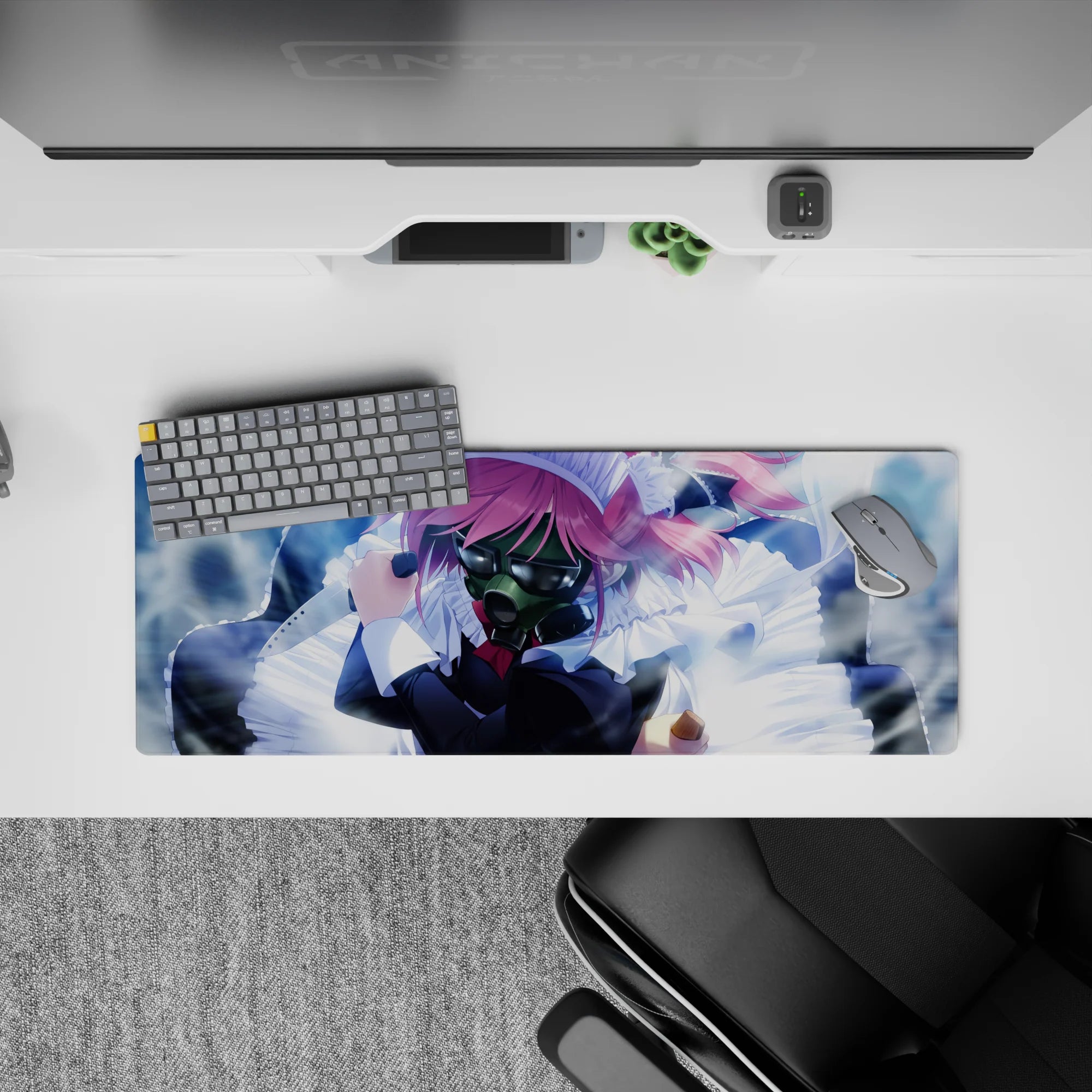 Stormy blue haze backdrop on an anime girl mouse pad 32x12 inches, pink accents, edgy cute mood.