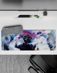 Stormy blue haze backdrop on an anime girl mouse pad 32x12 inches, pink accents, edgy cute mood.
