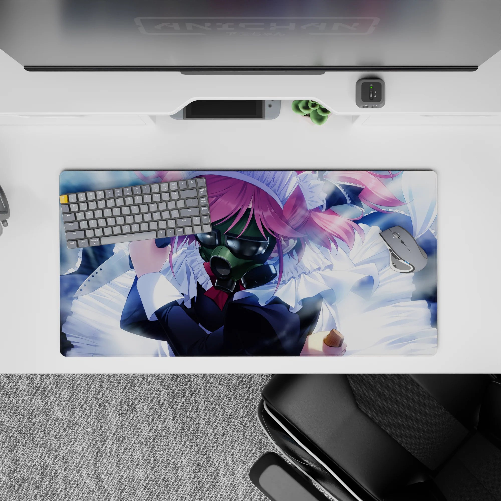 32x16 inches anime girl mouse pad in stormy blue haze with pink pop, chaotic-cute vibe and metallic shine.