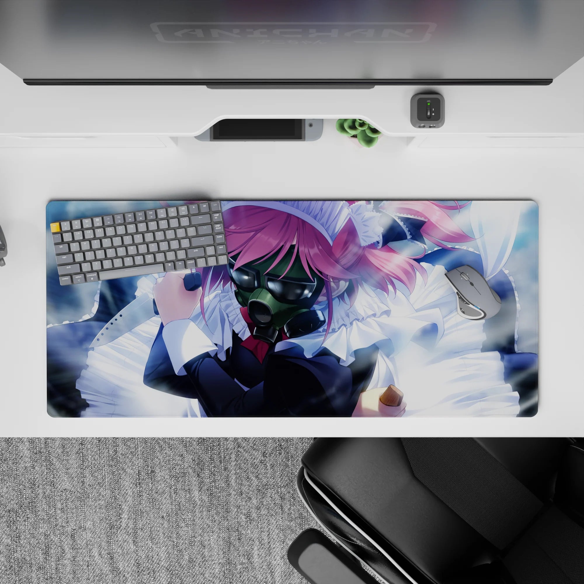 Stormy blue haze anime desk pad 36x16 inches with glossy highlights, pink accents, and edgy mood.