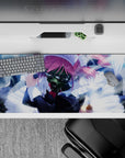 Stormy blue haze anime desk pad 36x16 inches with glossy highlights, pink accents, and edgy mood.