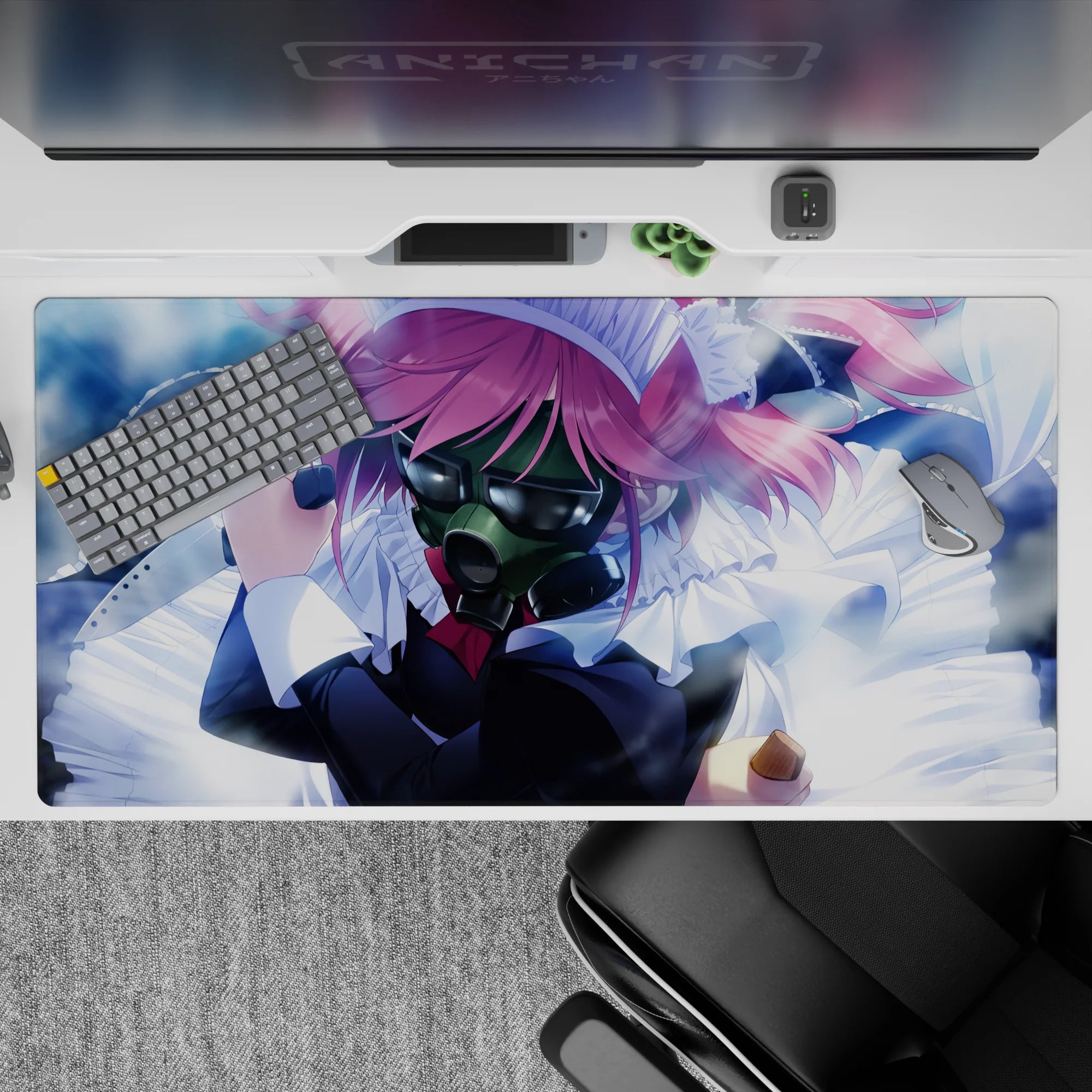 40x20 inches anime desk pad in stormy blue haze with pink and metallic shine, edgy cute mood.