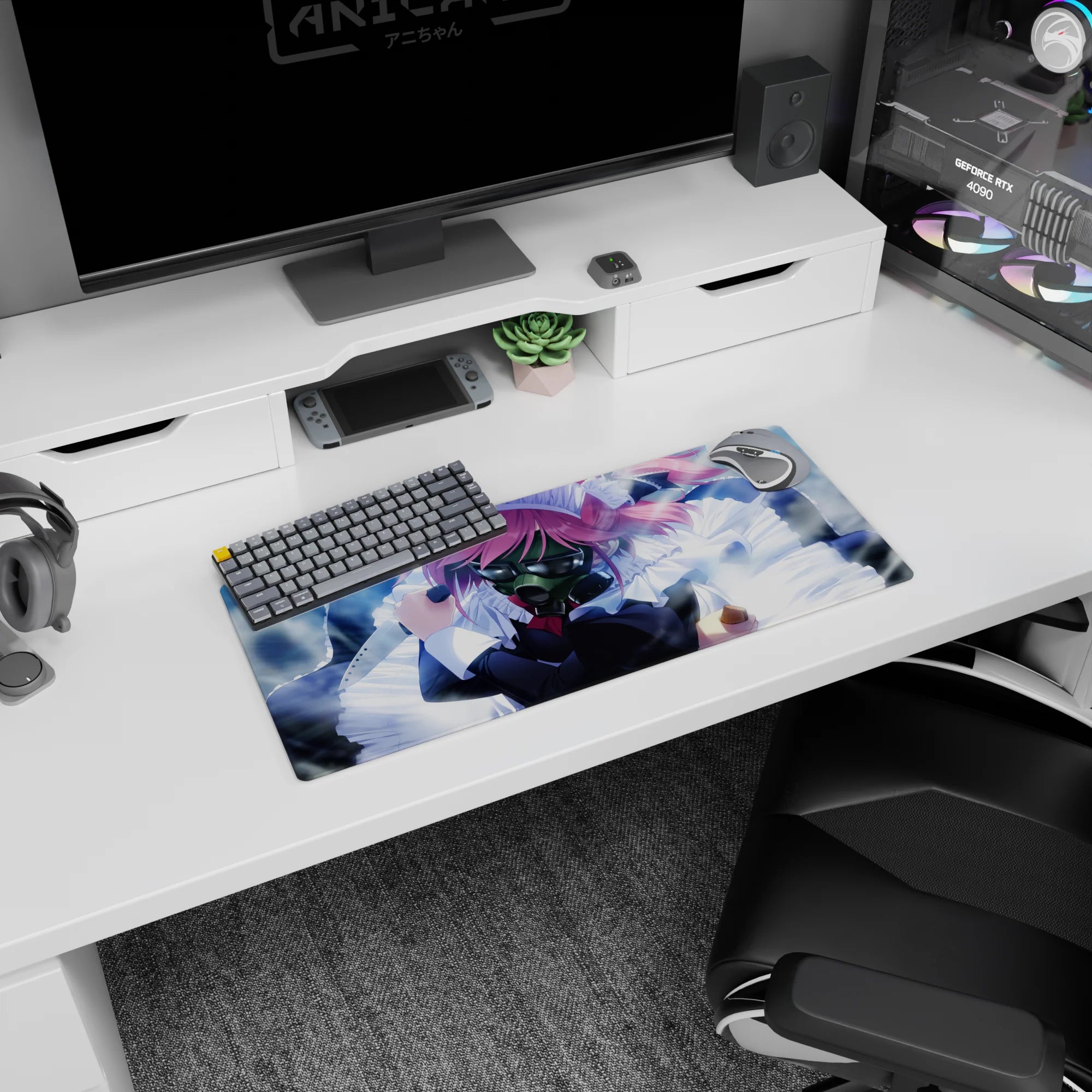 Pink-haired anime maid wearing a glossy gas mask on a 28x12 inches mouse pad, dangerous cute scene.