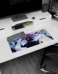 Pink-haired anime maid wearing a glossy gas mask on a 28x12 inches mouse pad, dangerous cute scene.