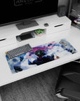 Pink-haired maid in a glossy gas mask on anime girl mouse pad 32x12 inches, metallic shine detail.