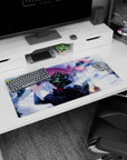 32x16 inches anime girl mouse pad showing pink-haired maid in a glossy gas mask against a smoky blue scene.