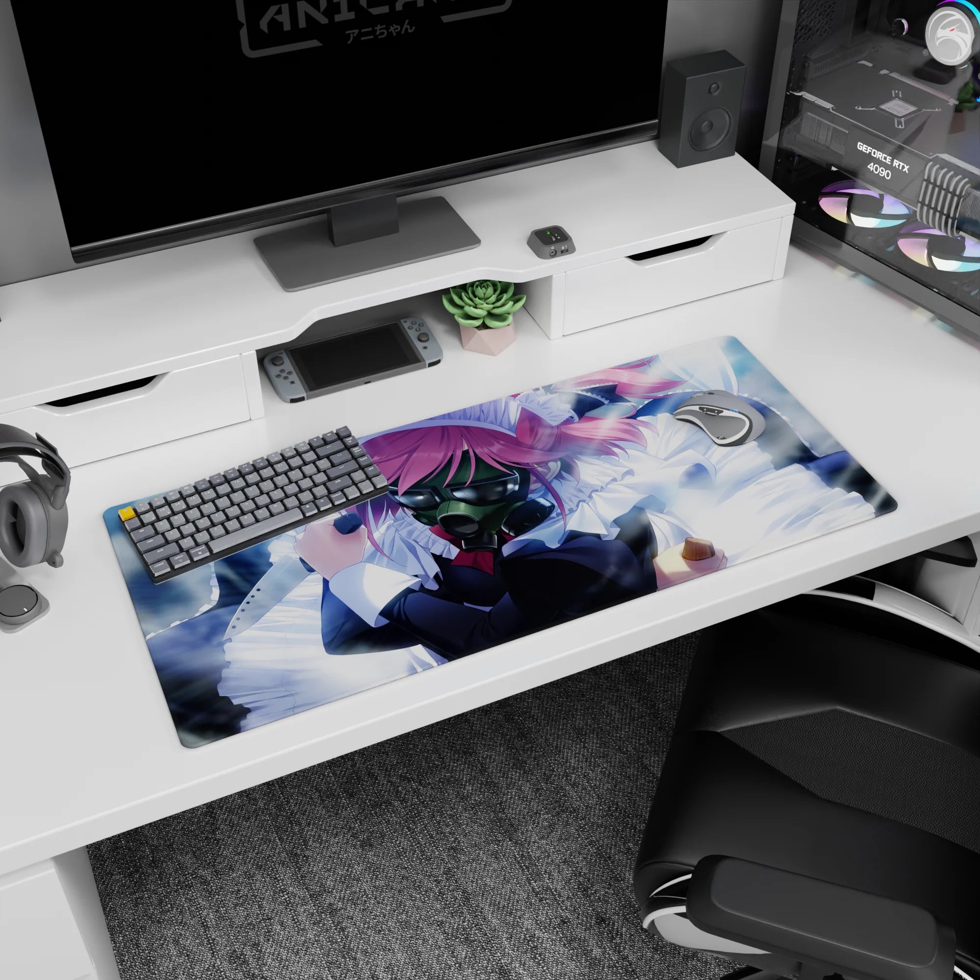 Pink-haired maid in a glossy gas mask anime desk pad 36x16 inches, metallic shine in blue mist.