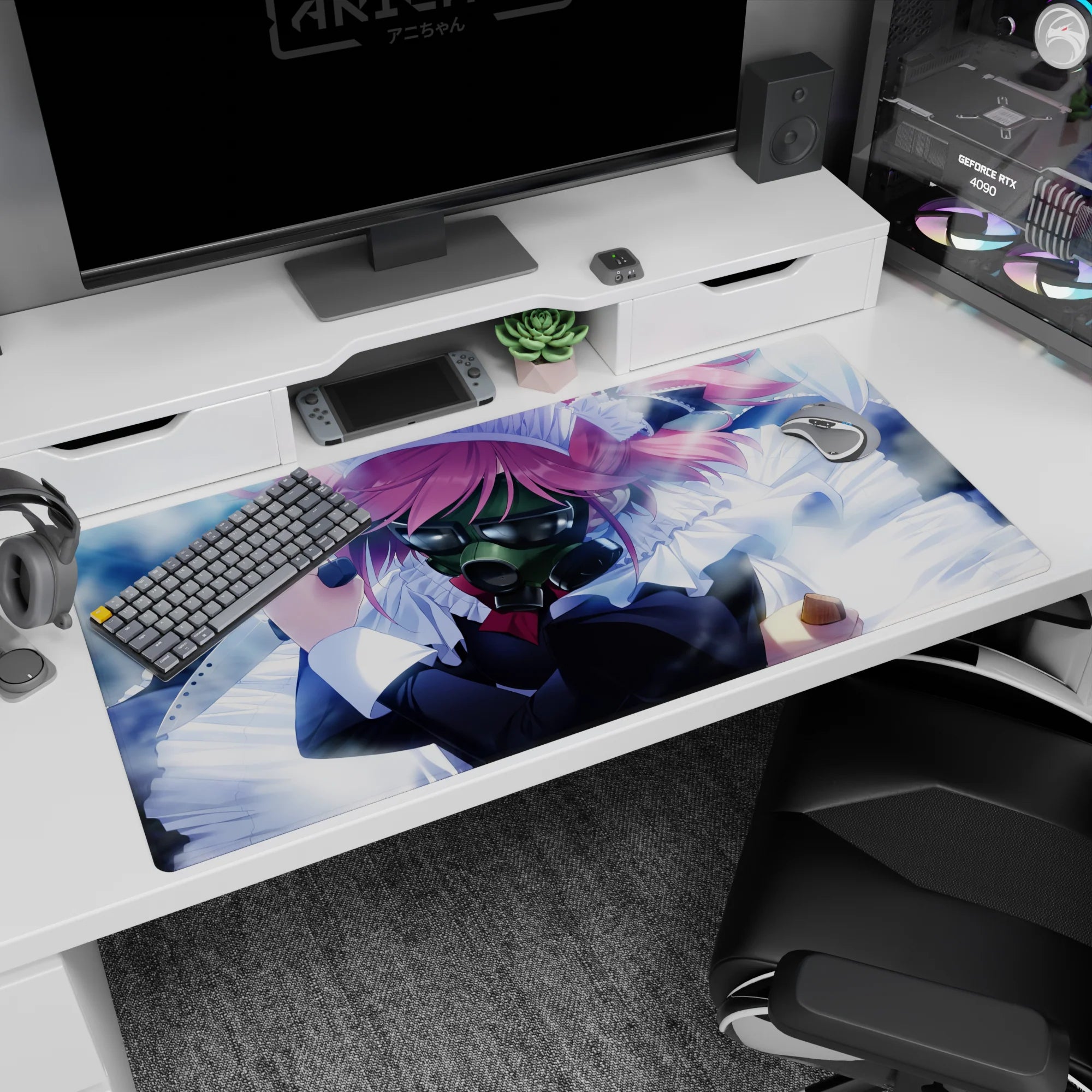 40x20 inches desk pad showing a pink-haired anime maid in ruffles wearing a shiny gas mask in fog.