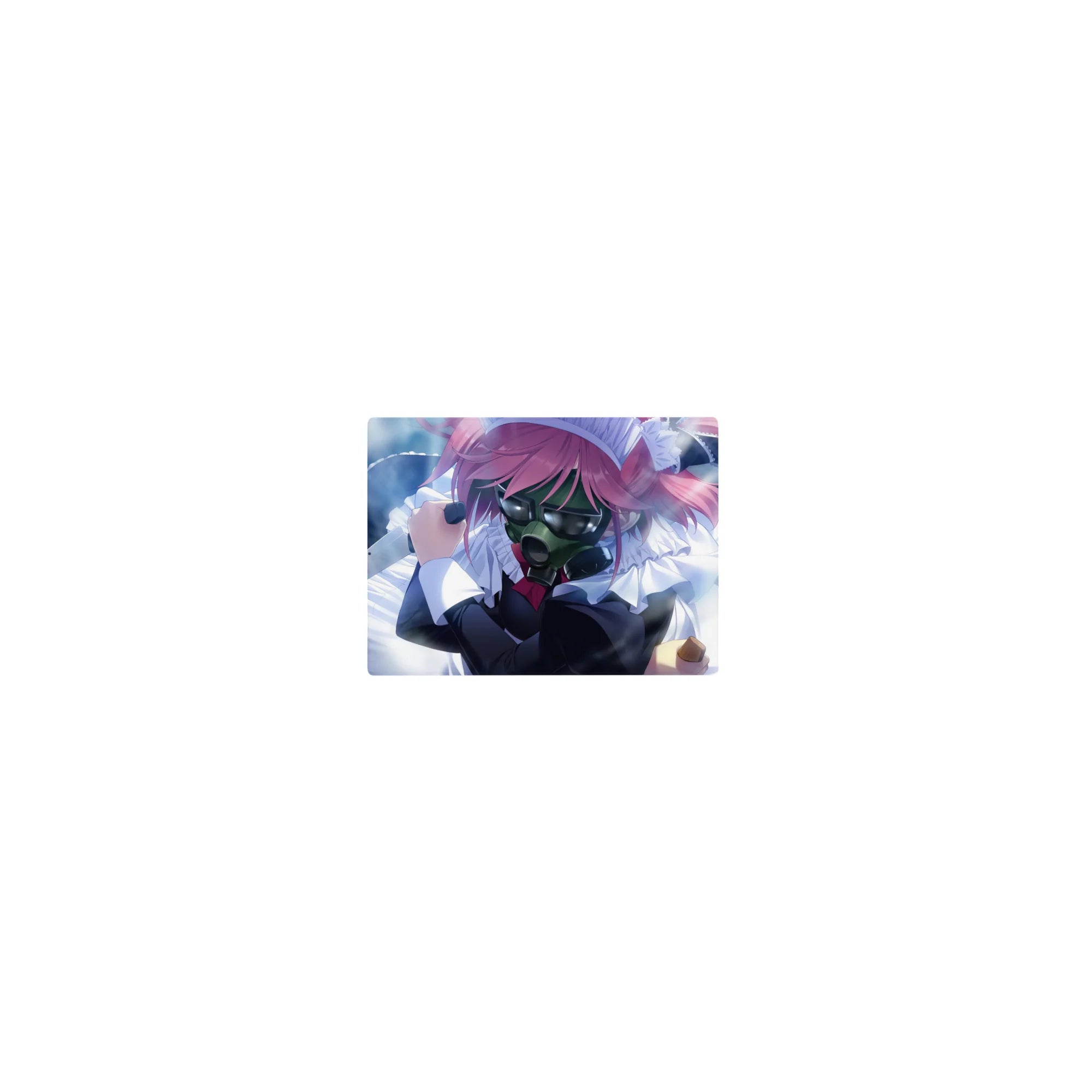Classic anime girl mouse pad 14x10 inches with pink-haired maid in glossy gas mask, frilly details.