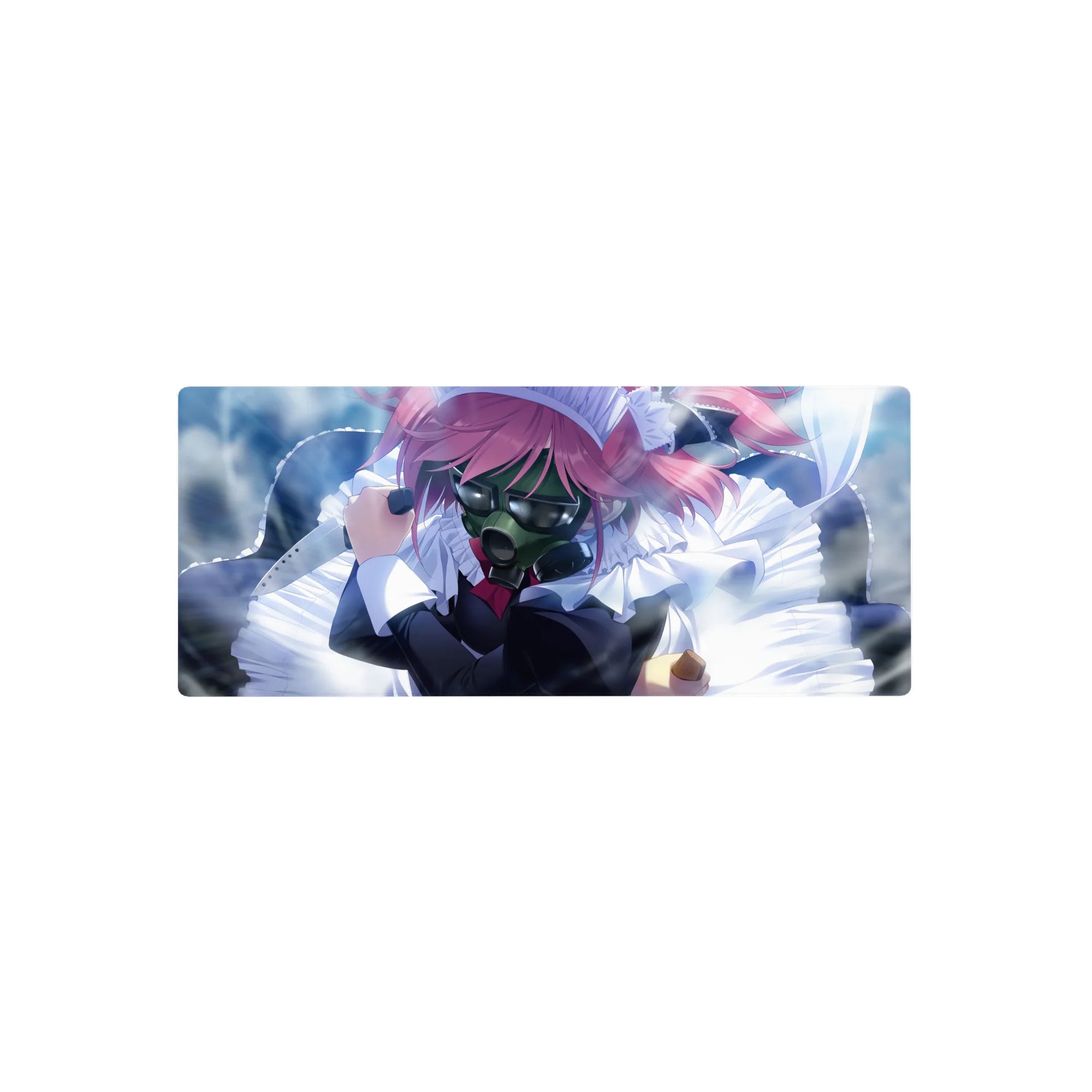 Anime girl mouse pad 28x12 inches with pink-haired maid in gas mask, frilly ruffles, glossy details.