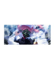 Anime girl mouse pad 28x12 inches with pink-haired maid in gas mask, frilly ruffles, glossy details.
