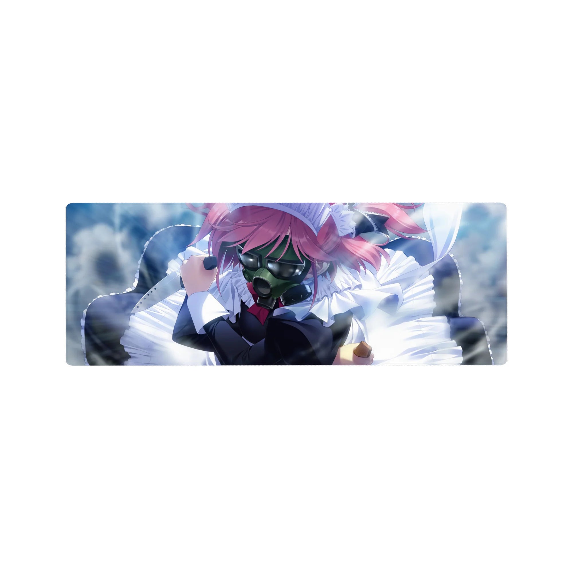 Chaotic-cute anime girl mouse pad 32x12 inches with pink hair, gas mask, and frilly maid outfit.