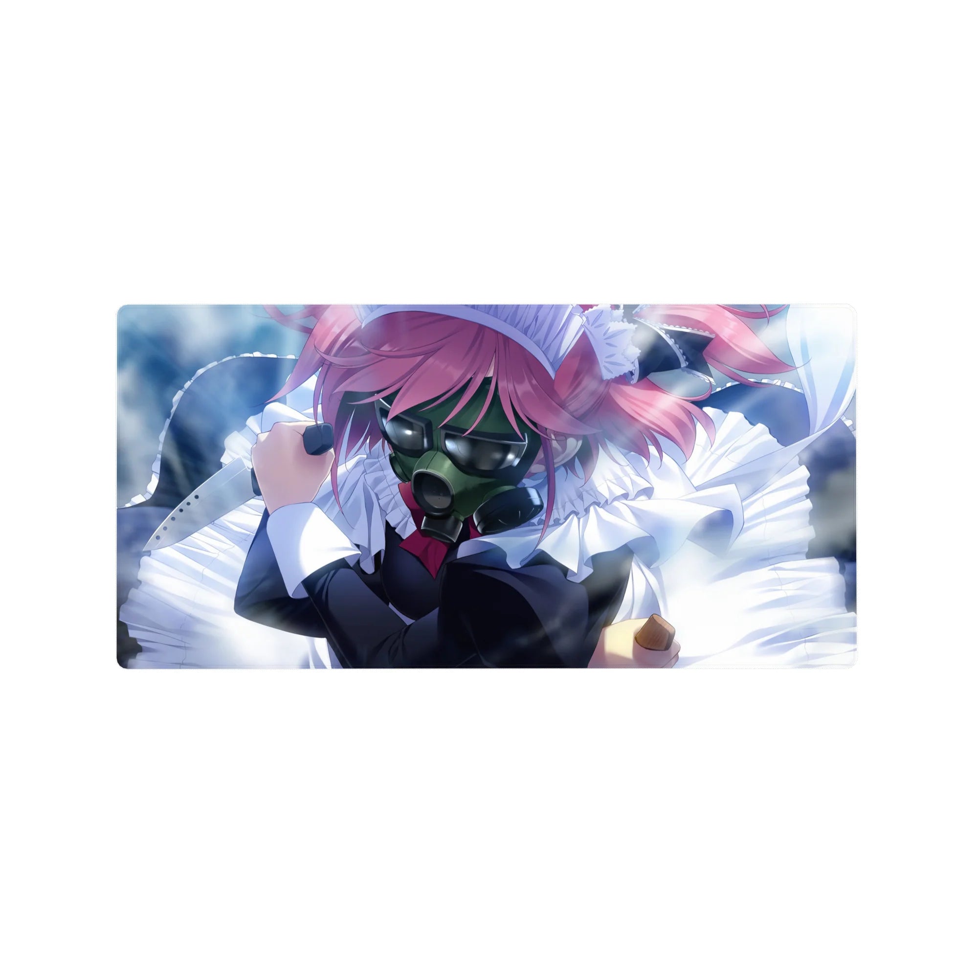 32x16 inches anime girl mouse pad with pink-haired gas mask maid in frilly outfit, glossy detail art.