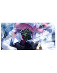 32x16 inches anime girl mouse pad with pink-haired gas mask maid in frilly outfit, glossy detail art.