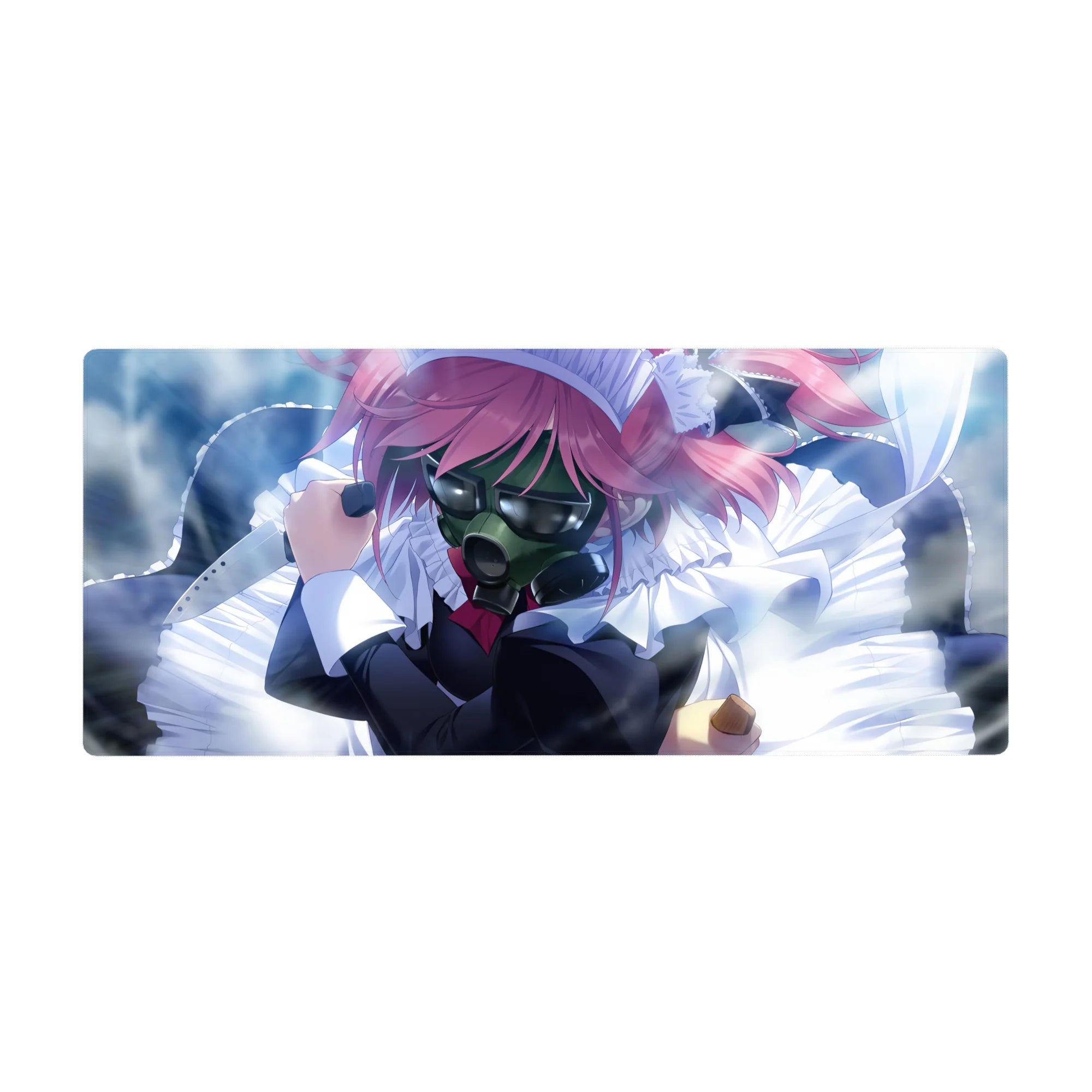 Chaotic-cute anime girl desk pad 36x16 inches with pink hair, gas mask, and frilly maid outfit.