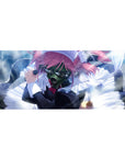 Chaotic-cute anime girl desk pad 36x16 inches with pink hair, gas mask, and frilly maid outfit.