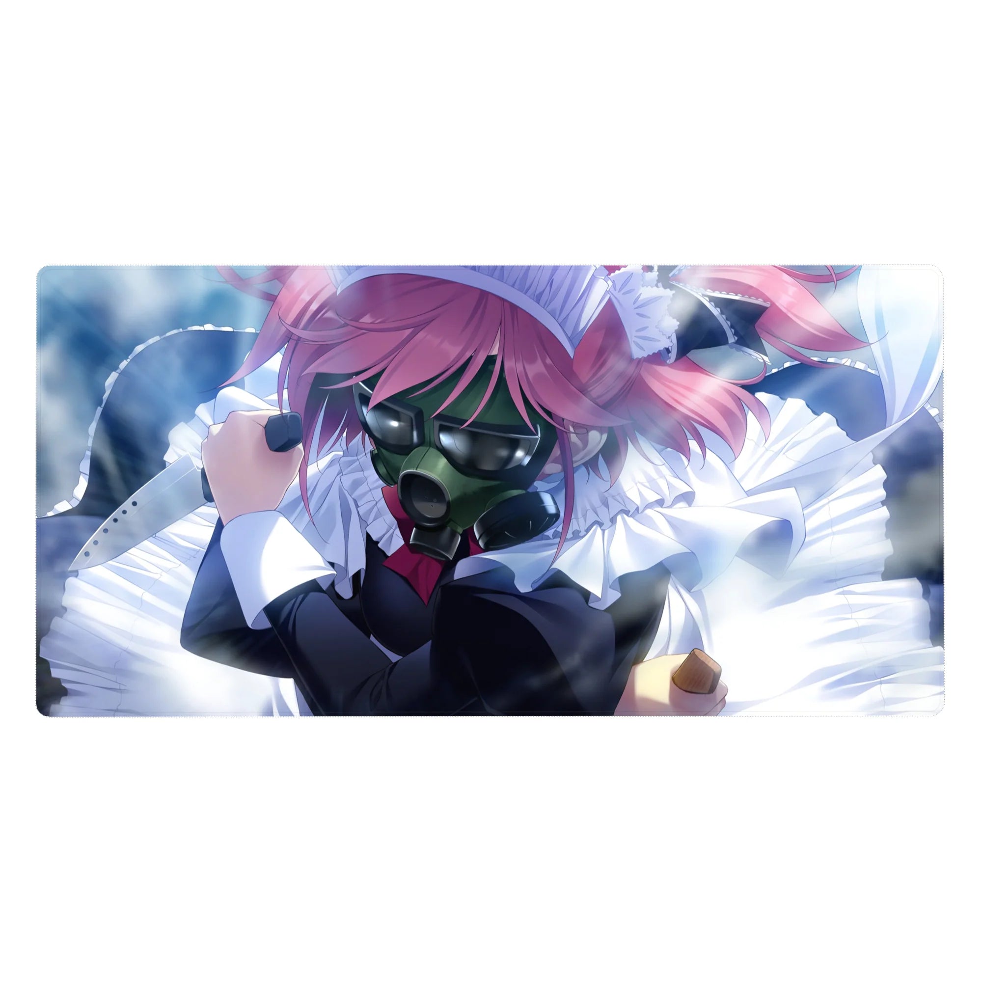 40x20 inches anime girl desk pad with pink-haired maid in a glossy gas mask, chaotic-cute art.