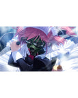 40x20 inches anime girl desk pad with pink-haired maid in a glossy gas mask, chaotic-cute art.