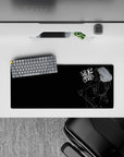 Dark otaku aesthetic mouse pad 28x12 inches, deep black with neon red eyes and gritty street-note vibe.