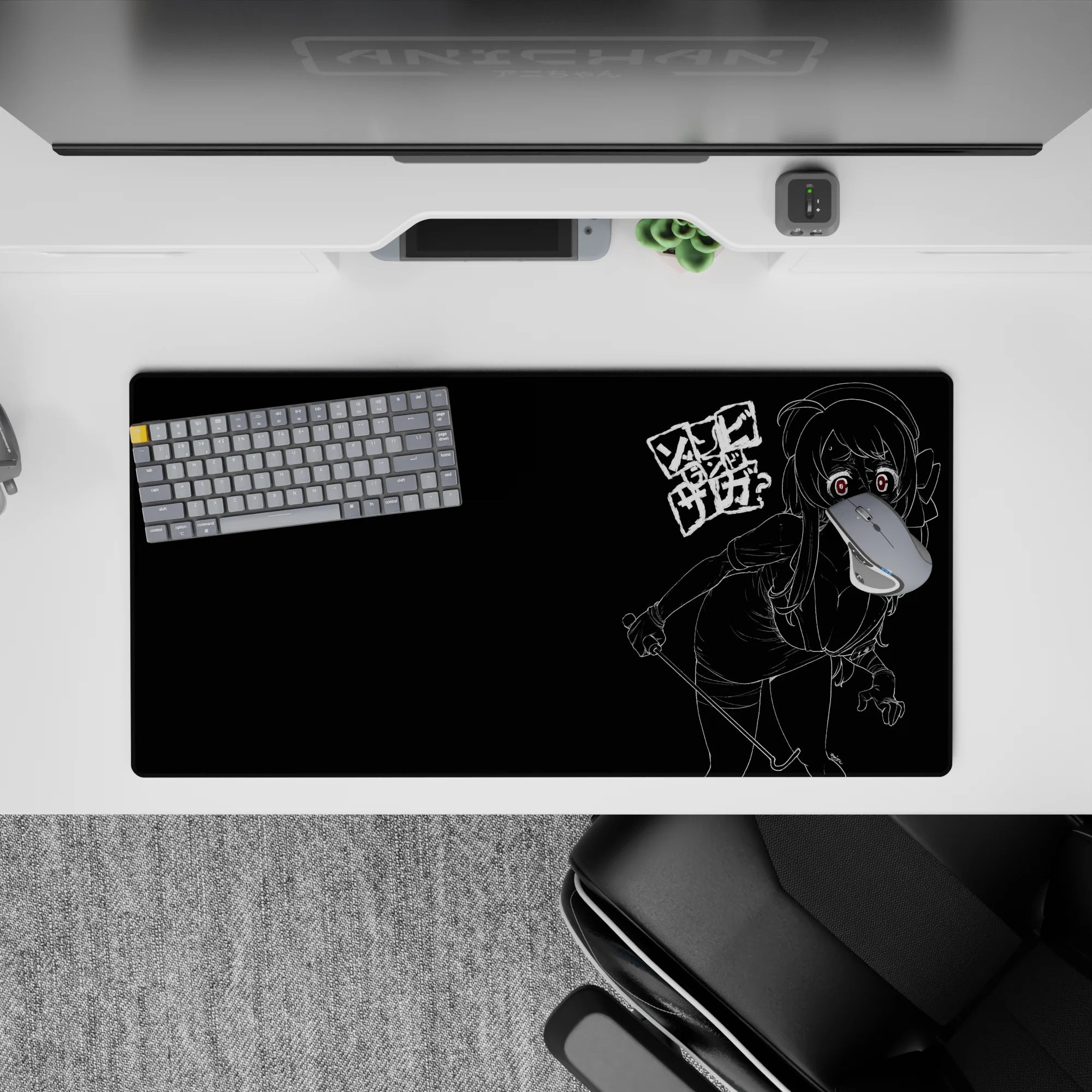 32x16 inches dark otaku mouse pad in black and white, neon red eyes, gritty sketch street vibe.
