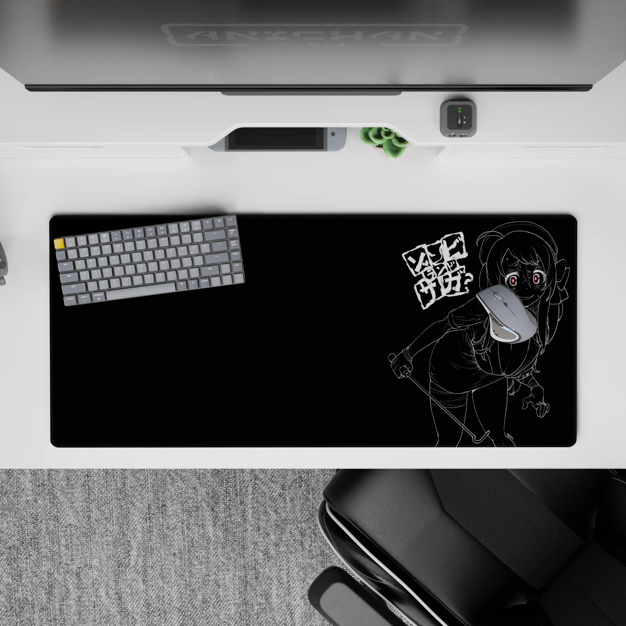 36x16 inches dark otaku desk pad in black and white with neon-red eyes, gritty street-note mood.