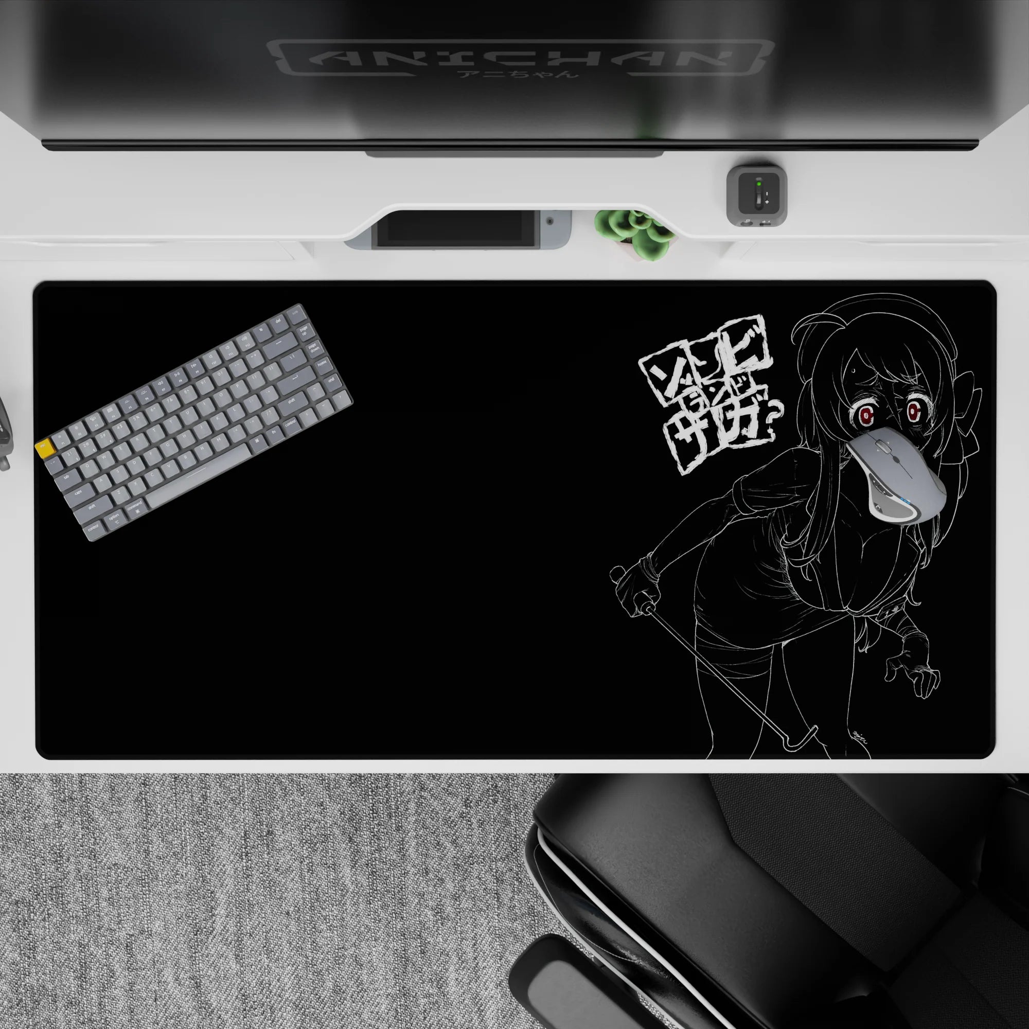 Dark otaku mood desk pad 40x20 inches in deep black with neon red eyes and gritty sketch-style line art.