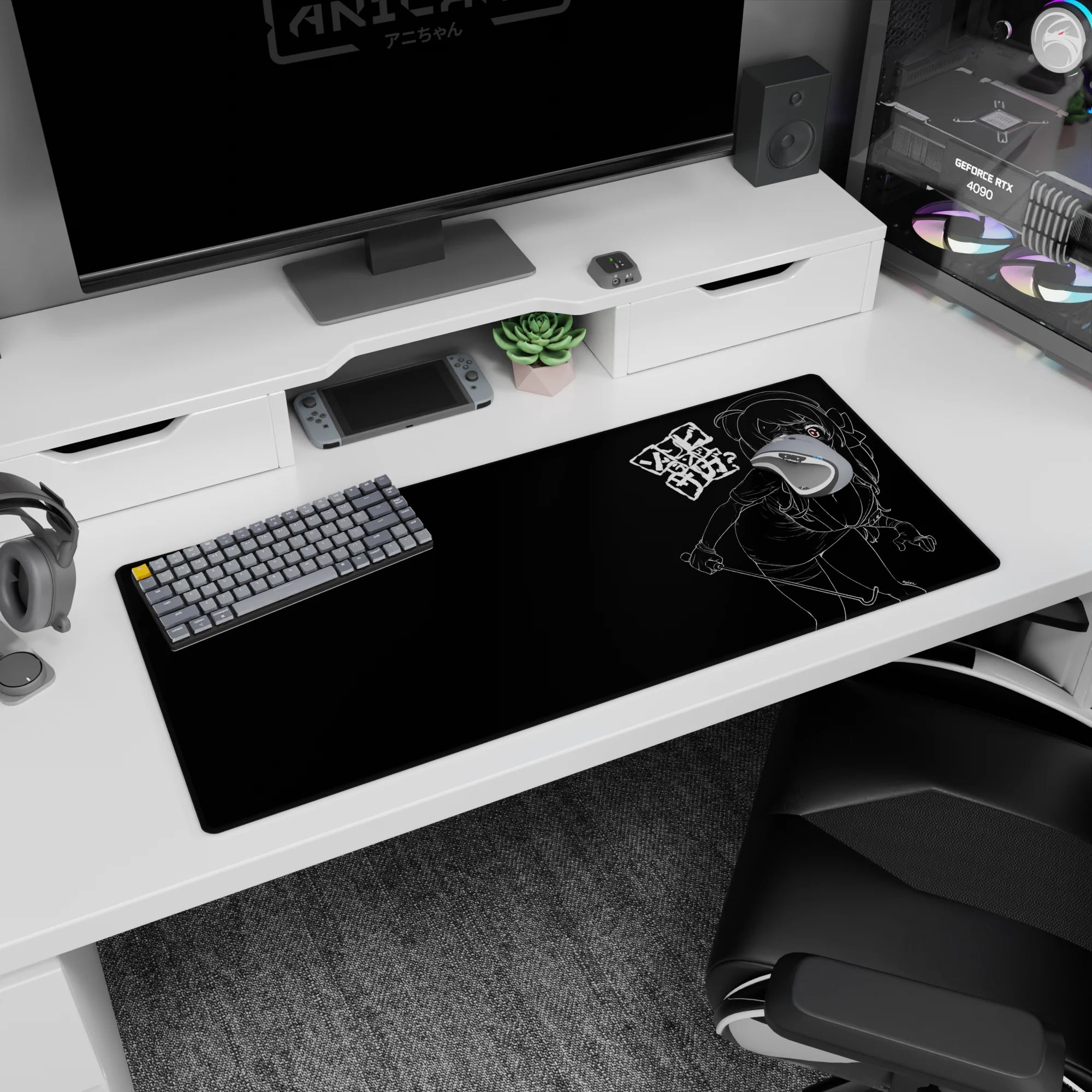 36x16 inches desk pad showing a sketchy anime girl with glowing red eyes on a deep black backdrop.