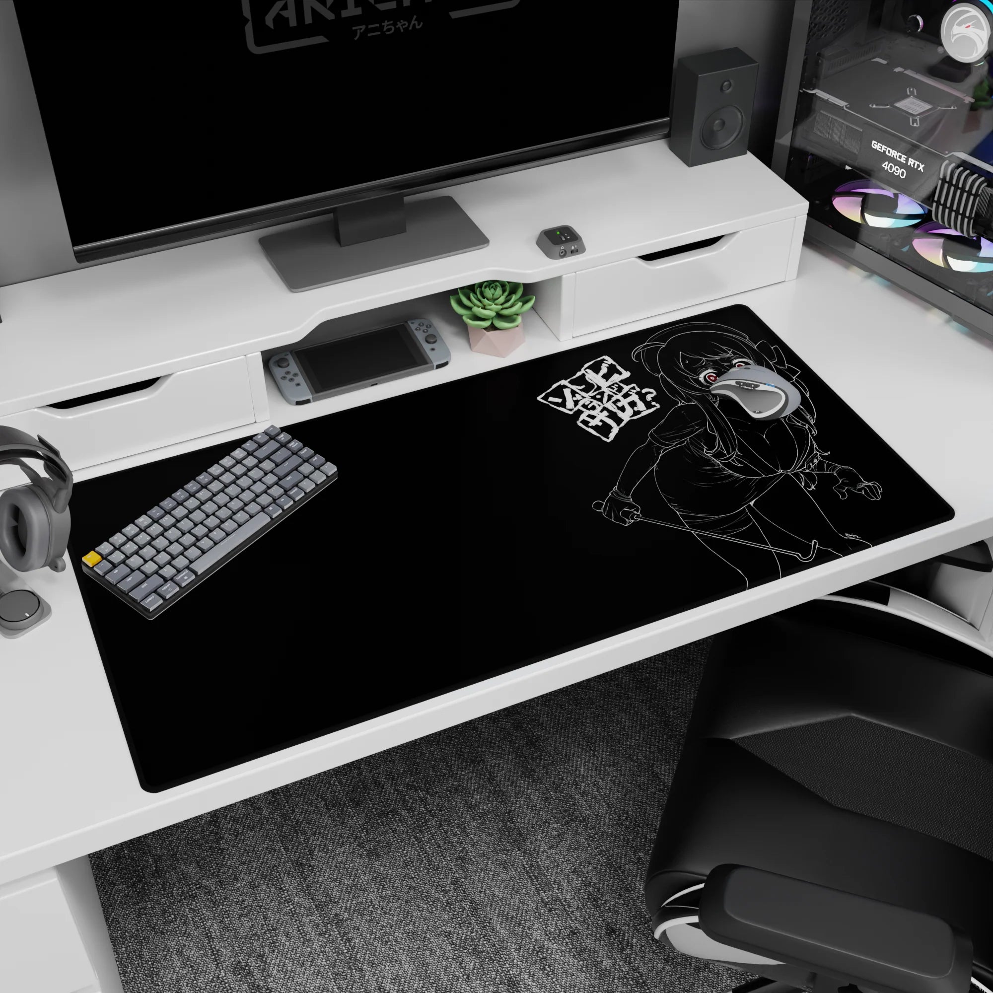 Winking anime girl with glowing red eyes on black desk pad 40x20 inches, with scribbled Japanese text.