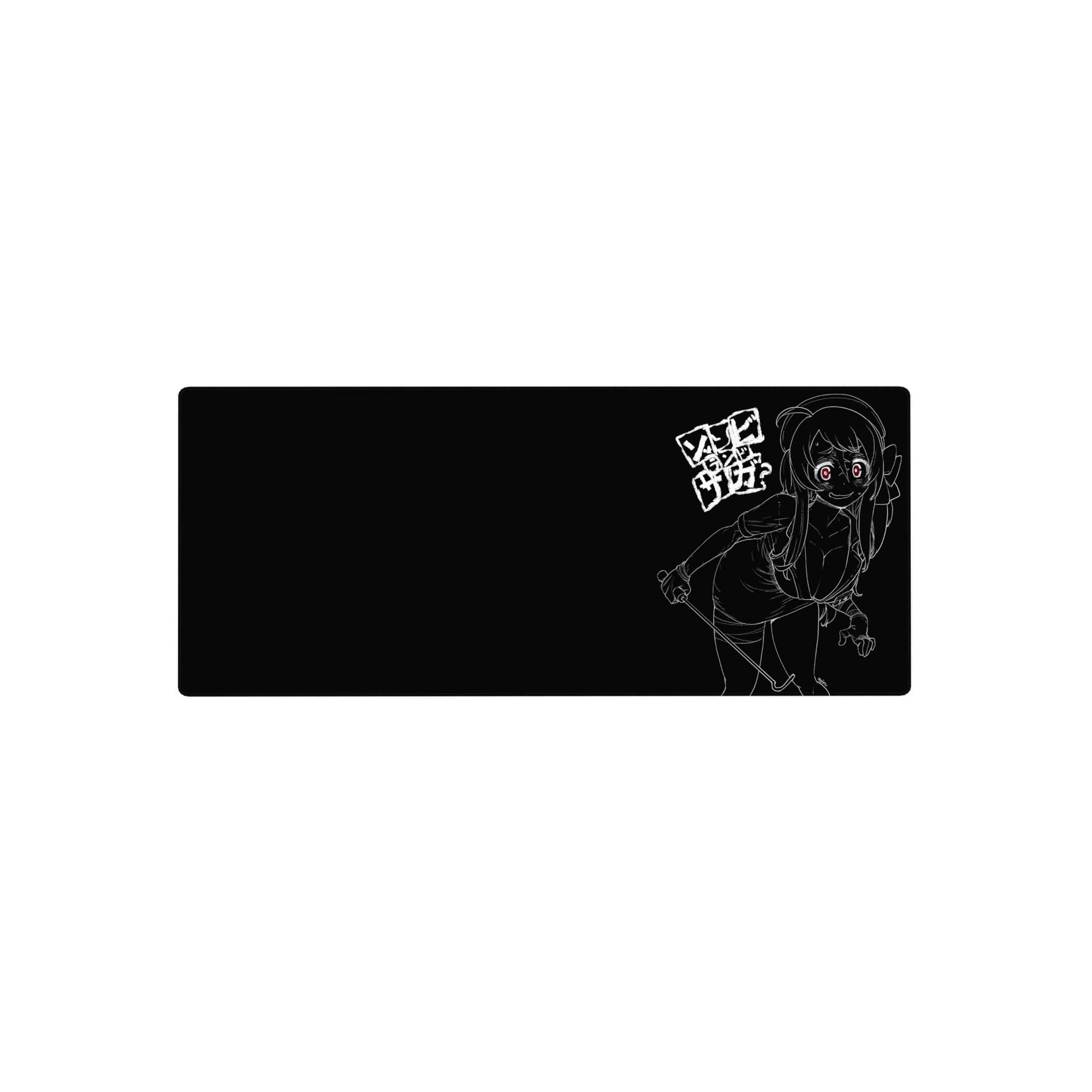 Anime girl mouse pad 28x12 inches with white line-art sketch on black background and Japanese block text.