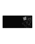 Anime girl mouse pad 28x12 inches with white line-art sketch on black background and Japanese block text.