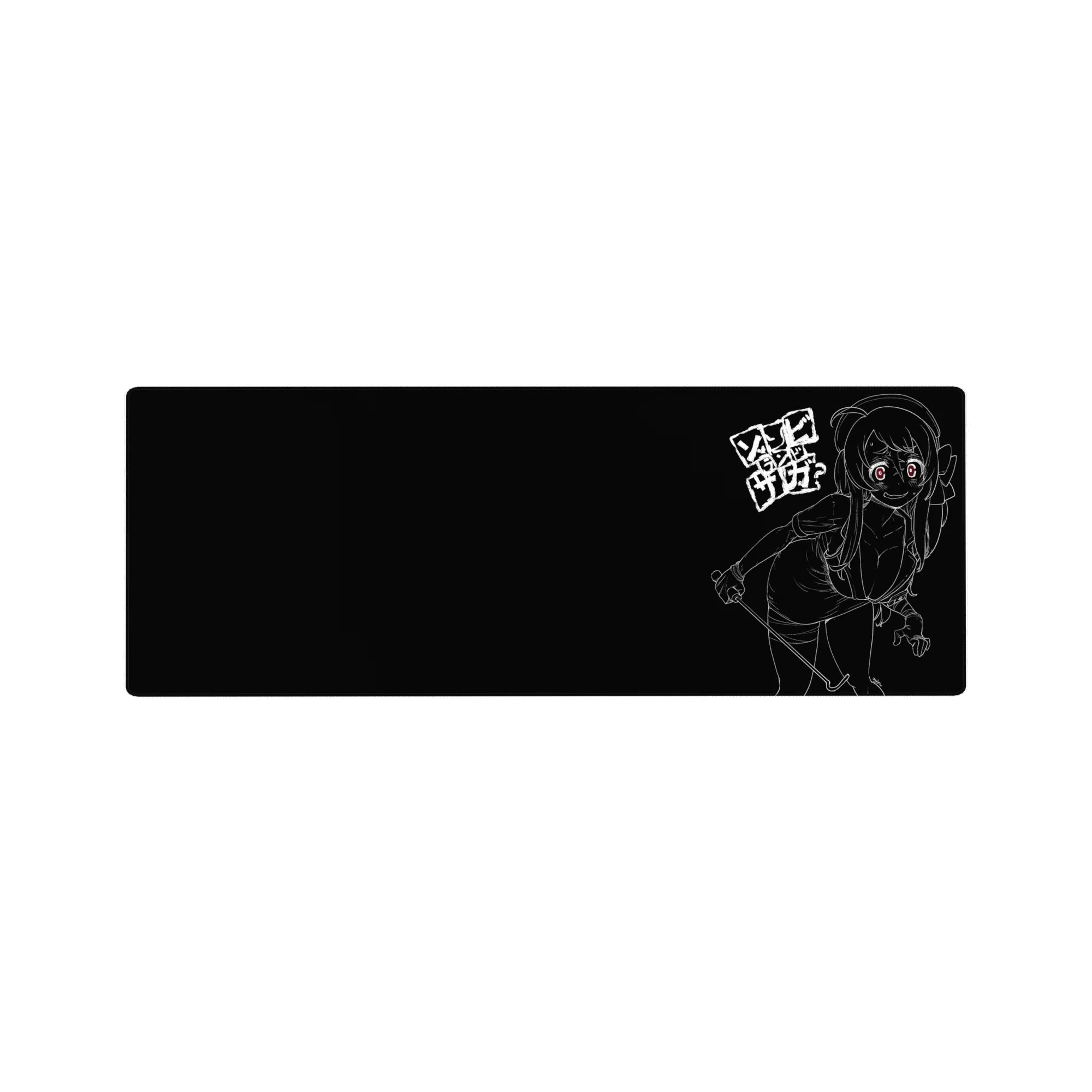 32x12 inches anime girl mouse pad with white line-art on black and Japanese block text street style.
