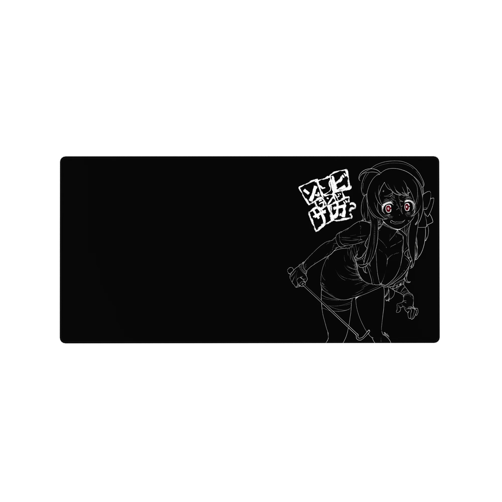 32x16 inches anime girl mouse pad with white line-art on black, red eyes, and Japanese block text.