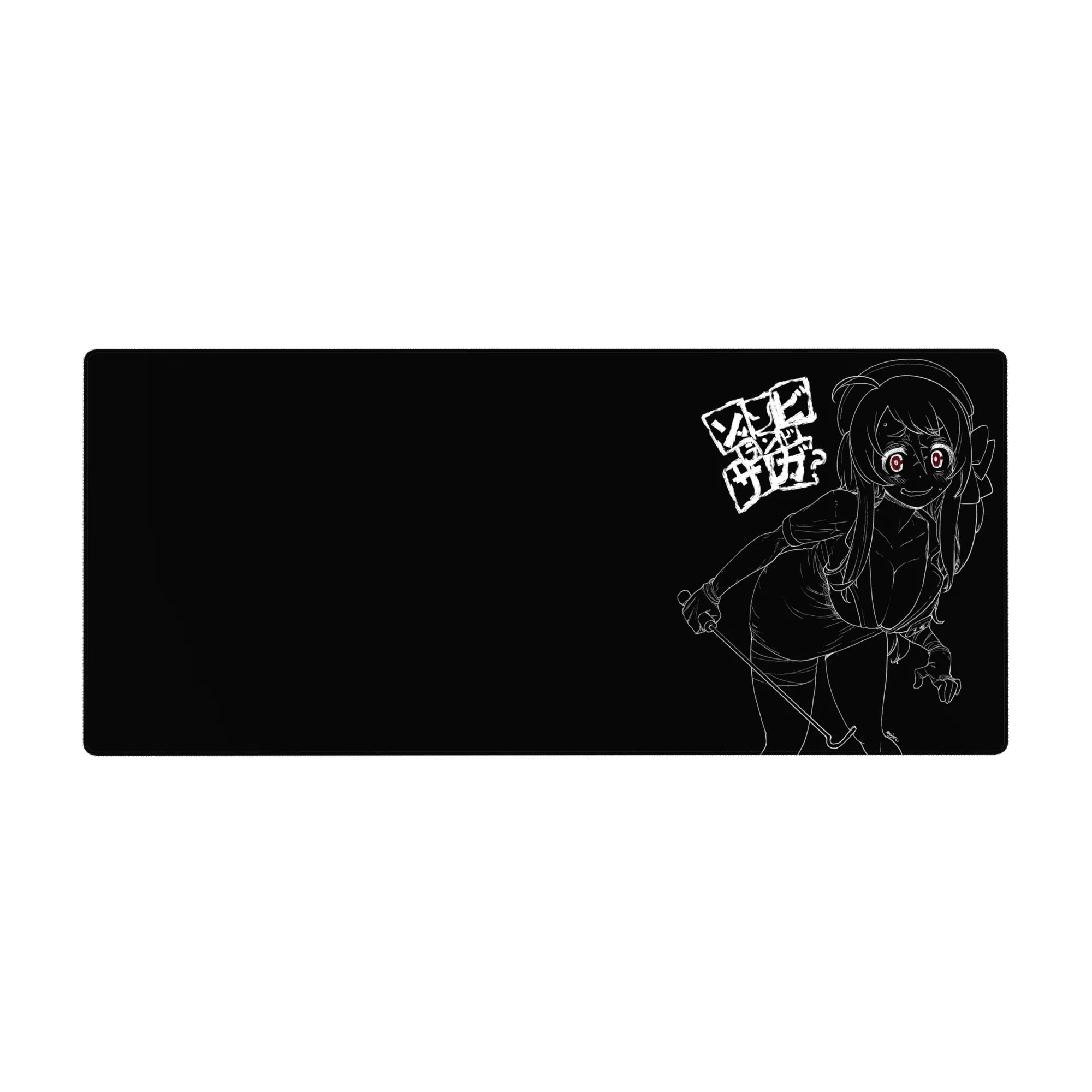 36x16 inches anime girl desk pad with white line-art on black, red eyes, and Japanese block text.