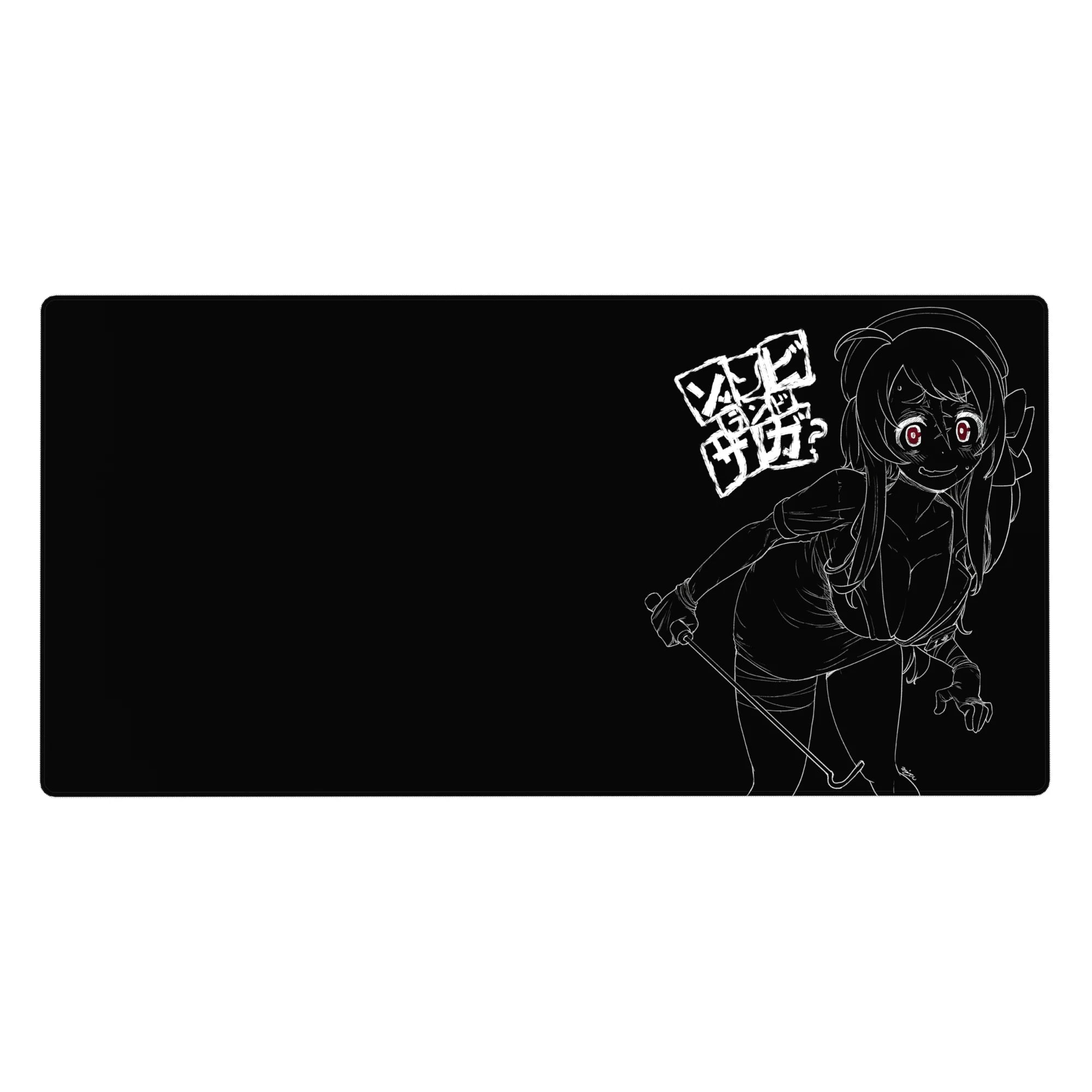 Anime girl desk pad 40x20 inches with white line-art character on black, red eyes, and Japanese block text.