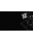 Anime girl desk pad 40x20 inches with white line-art character on black, red eyes, and Japanese block text.
