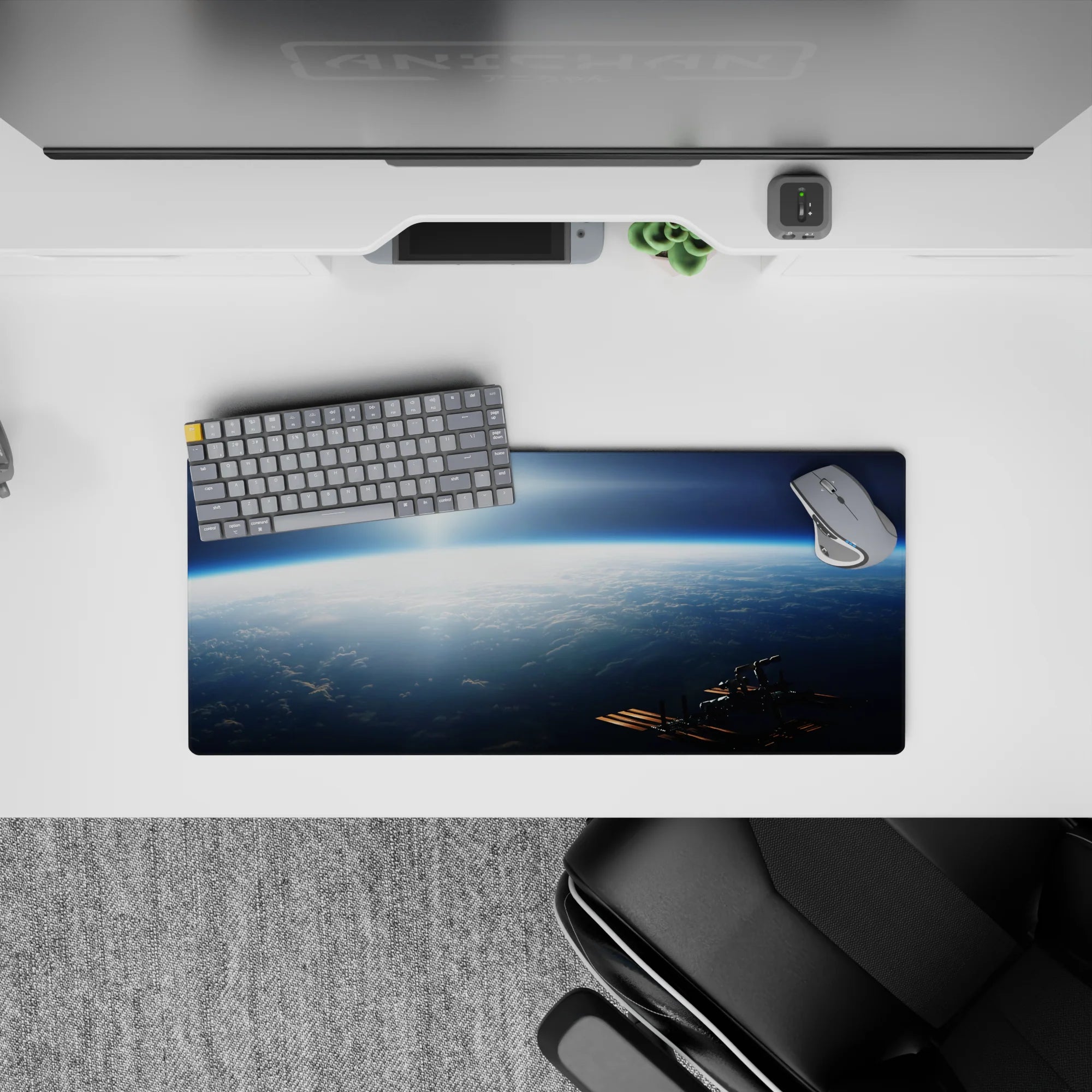 Moody navy and icy blue mouse pad 28x12 inches with calm, dreamy sunrise glow for a soothing workspace.