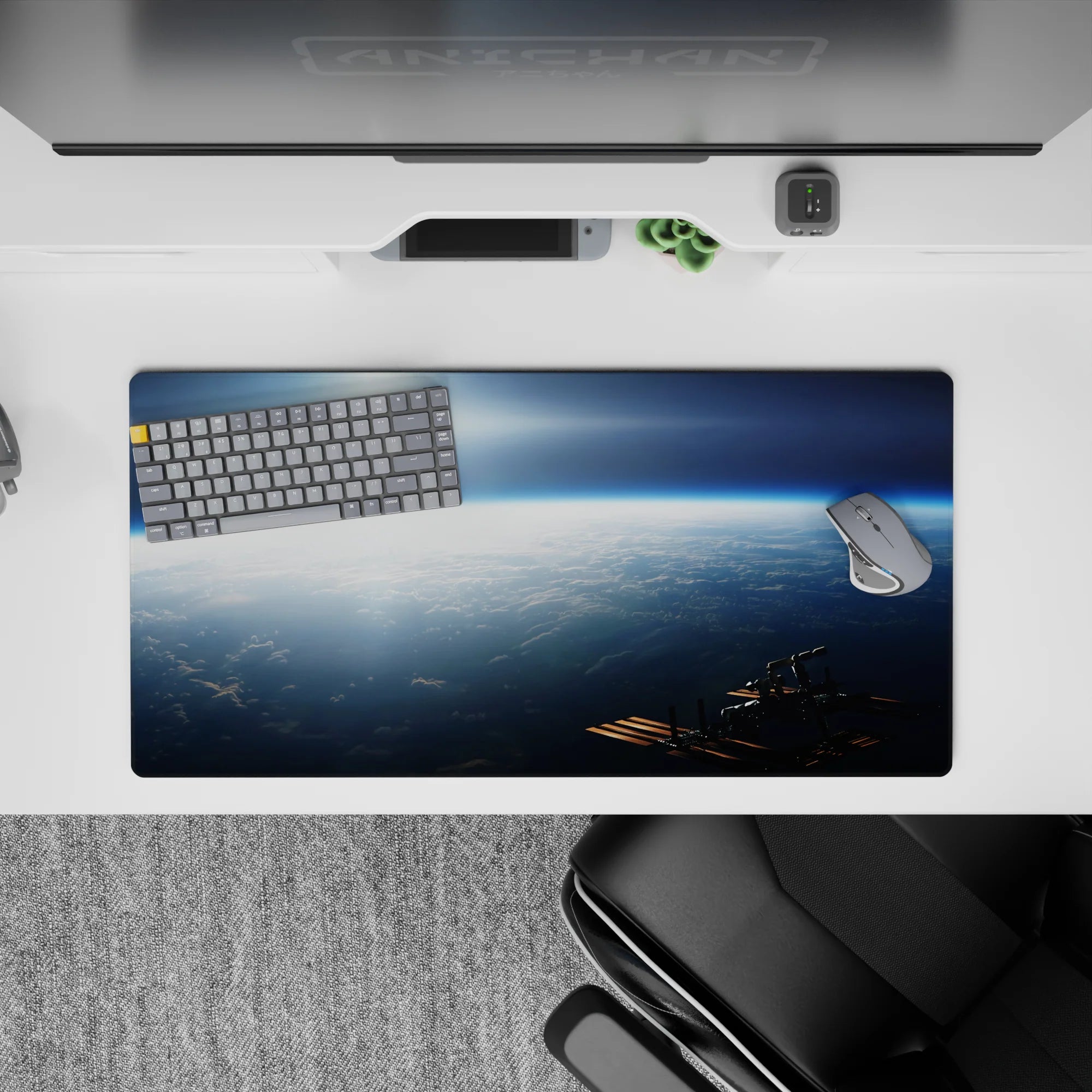 Moody navy and icy blue glow mouse pad with soft sunrise light, 32x16 inches.