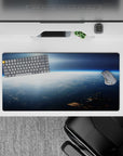 Moody navy and icy blue glow mouse pad with soft sunrise light, 32x16 inches.