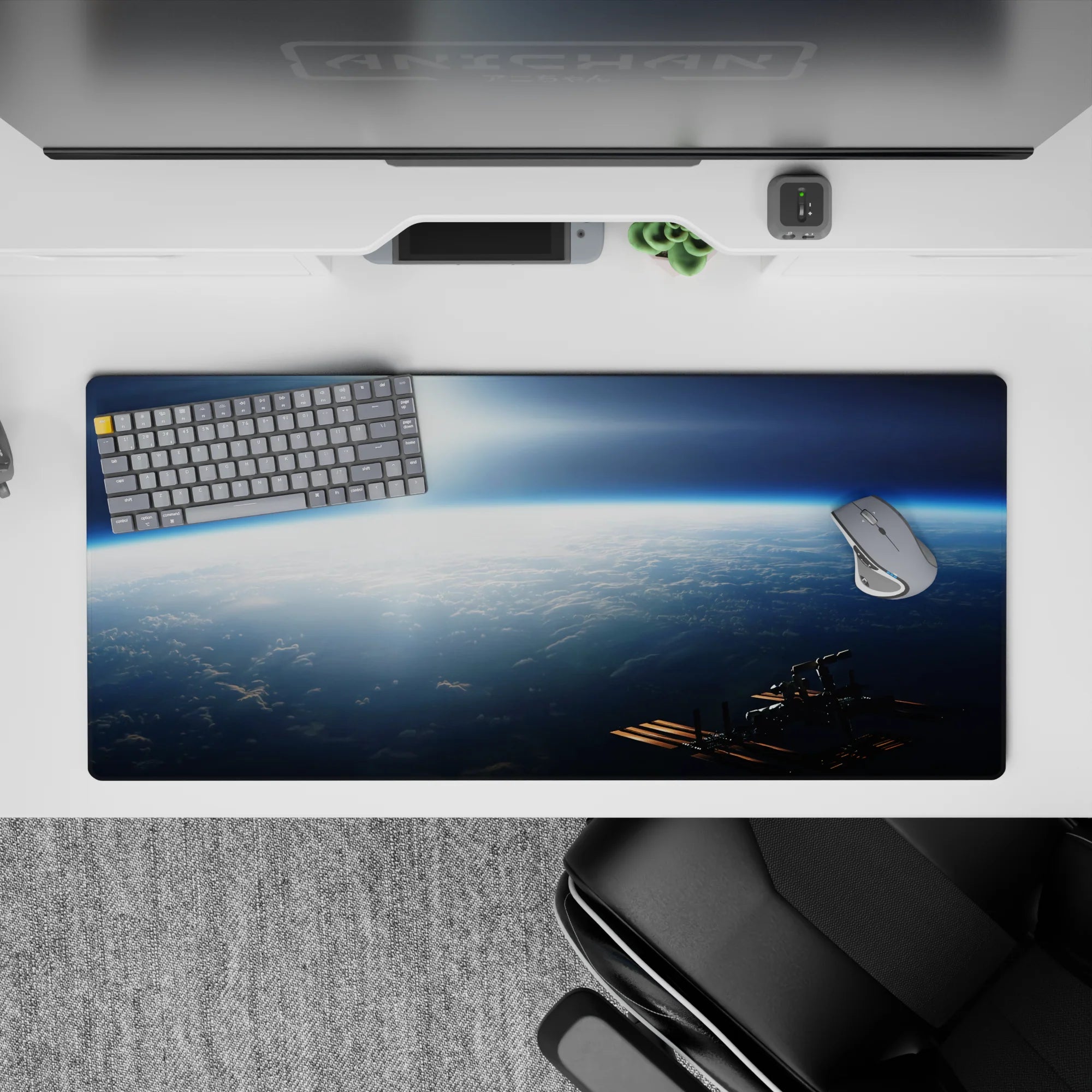Calm moody navy and icy blue desk pad 36x16 inches with soft sunrise glow for a dreamy workspace.