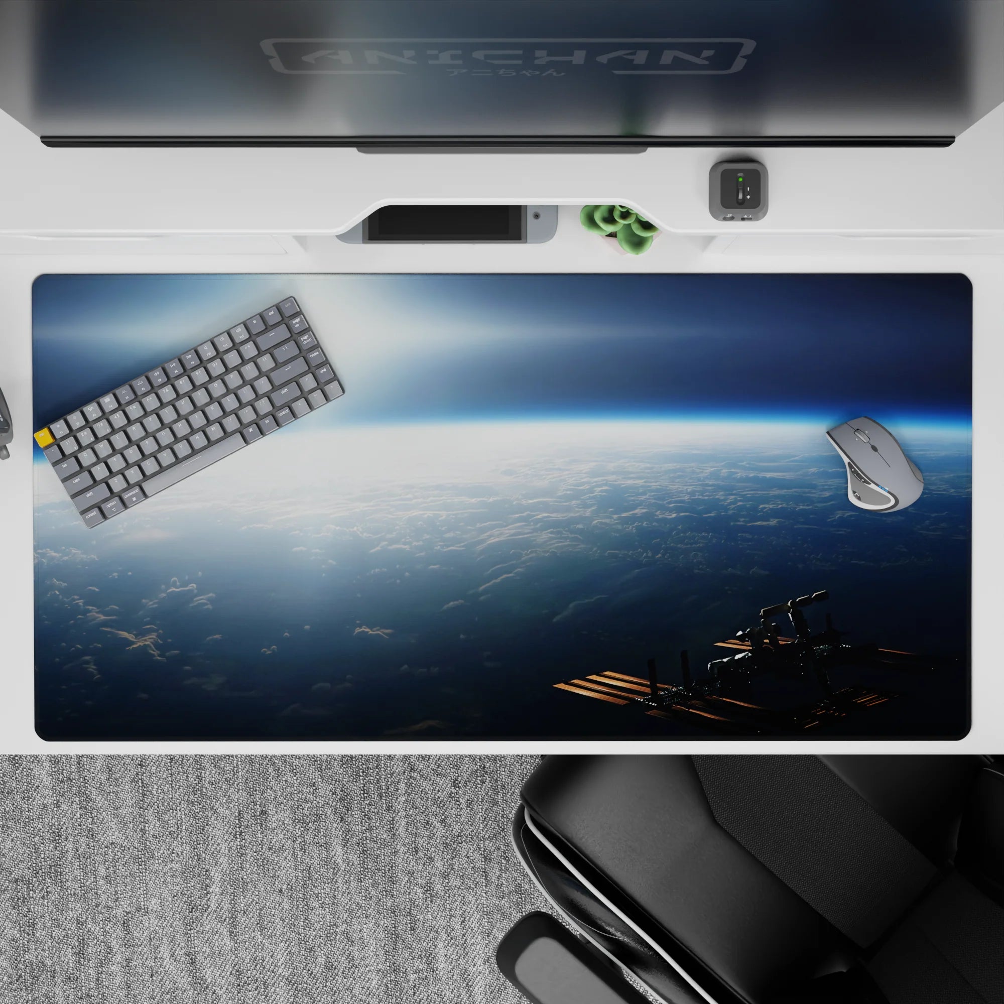 Moody navy and icy blue desk pad 40x20 inches with soft sunrise glow, calm dreamy atmosphere.