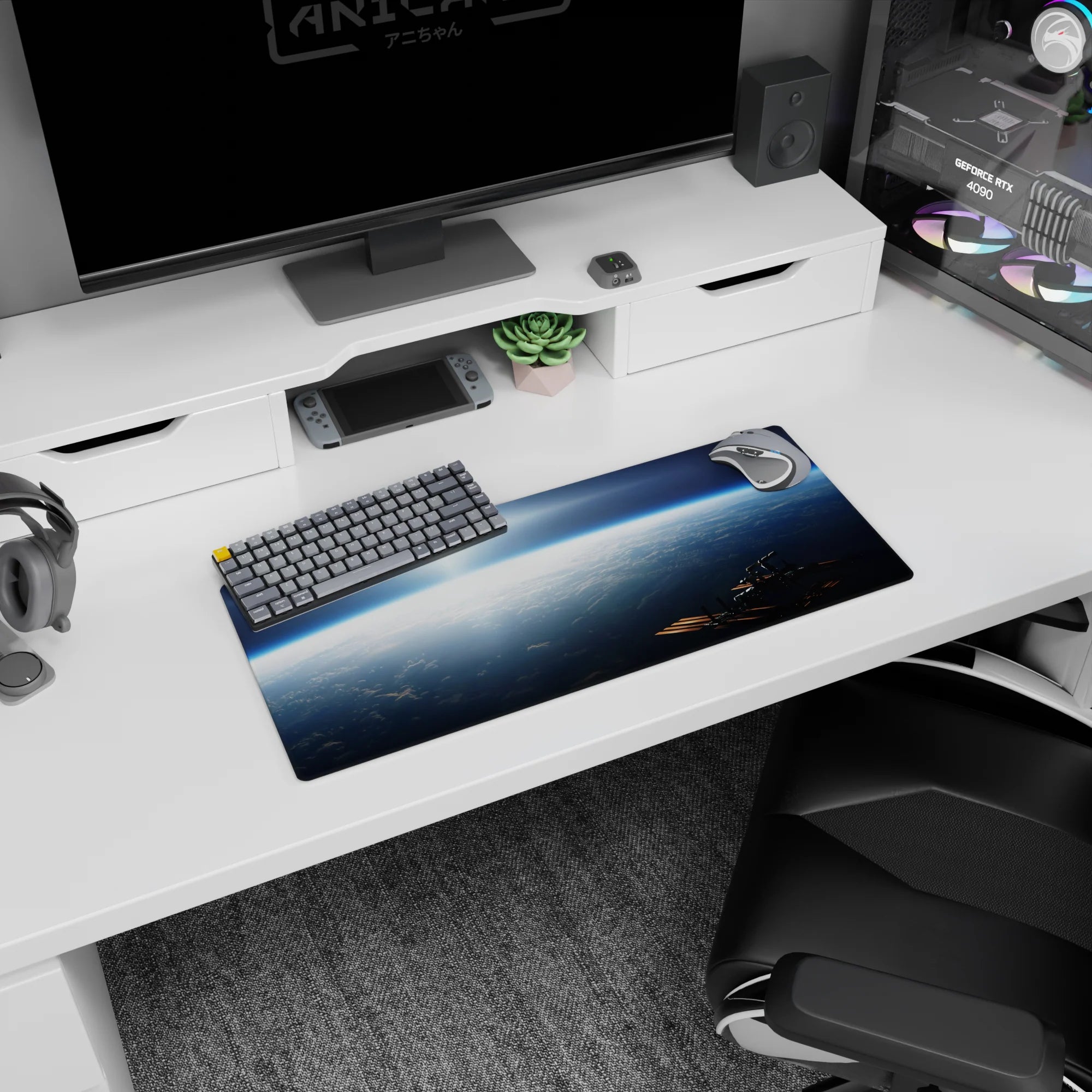Bright sunrise above clouds mouse pad 28x12 inches featuring a tiny space station silhouette on the skyline.