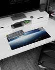 Bright sunrise above clouds mouse pad 28x12 inches featuring a tiny space station silhouette on the skyline.