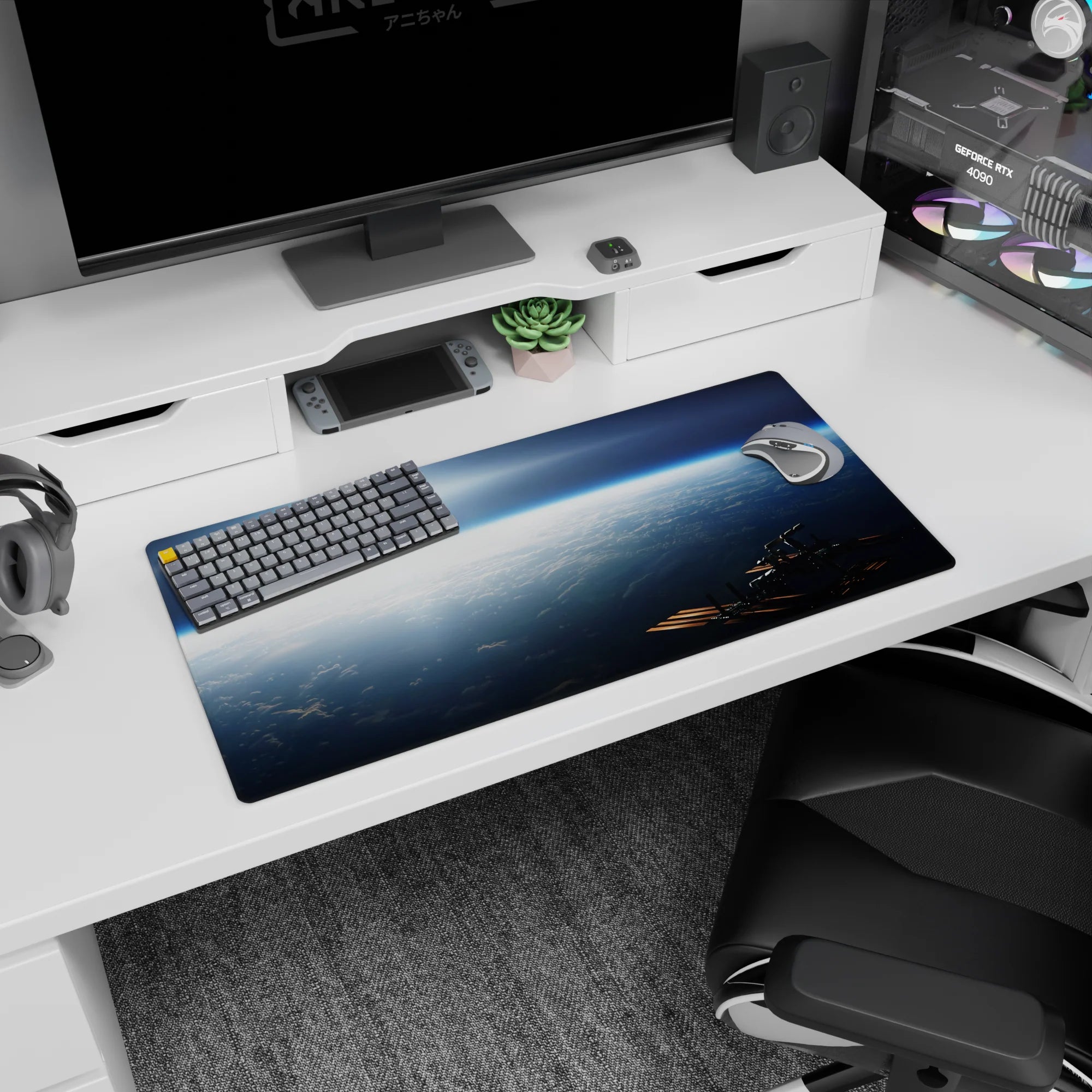 Blue sky above clouds with bright sunrise and small space station corner mouse pad, 32x16 inches.