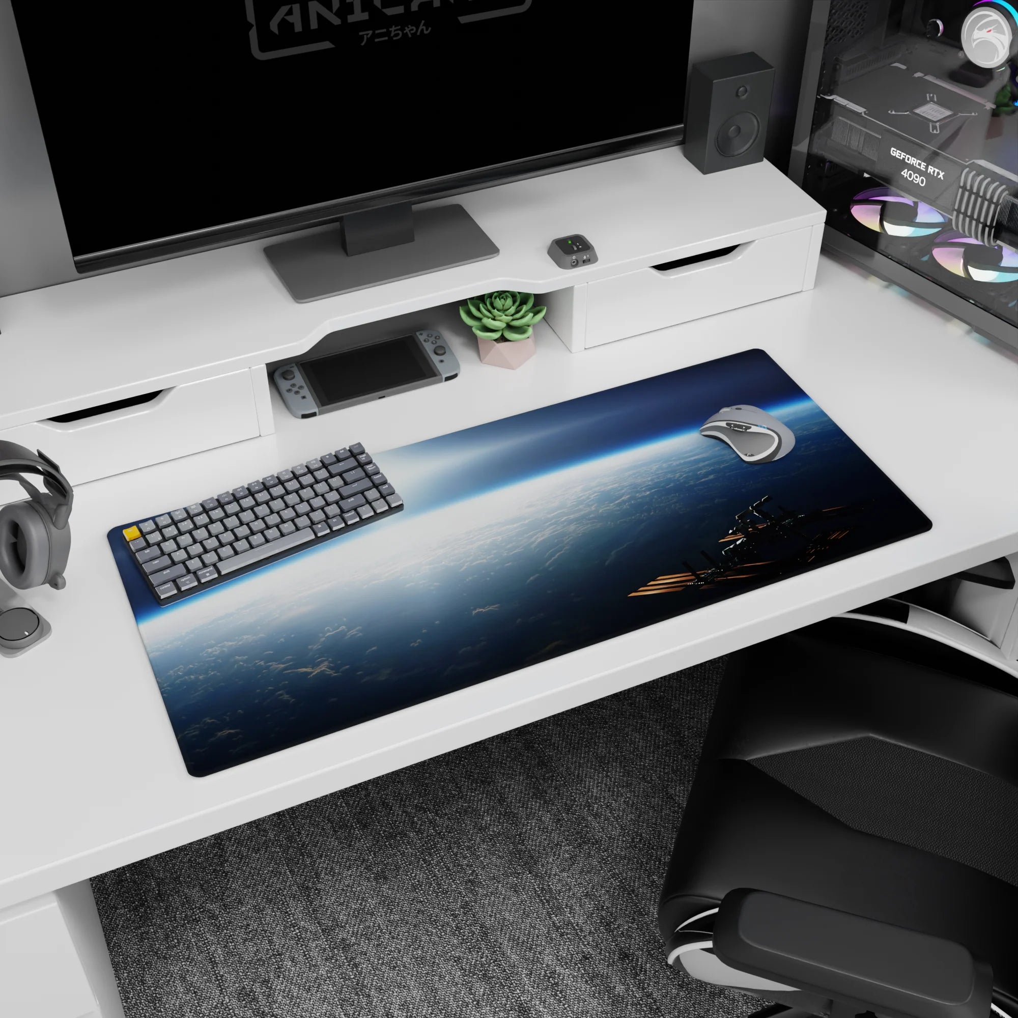 Sunrise above the clouds desk pad 36x16 inches featuring a quiet space station silhouette in the corner.