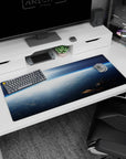 Sunrise above the clouds desk pad 36x16 inches featuring a quiet space station silhouette in the corner.