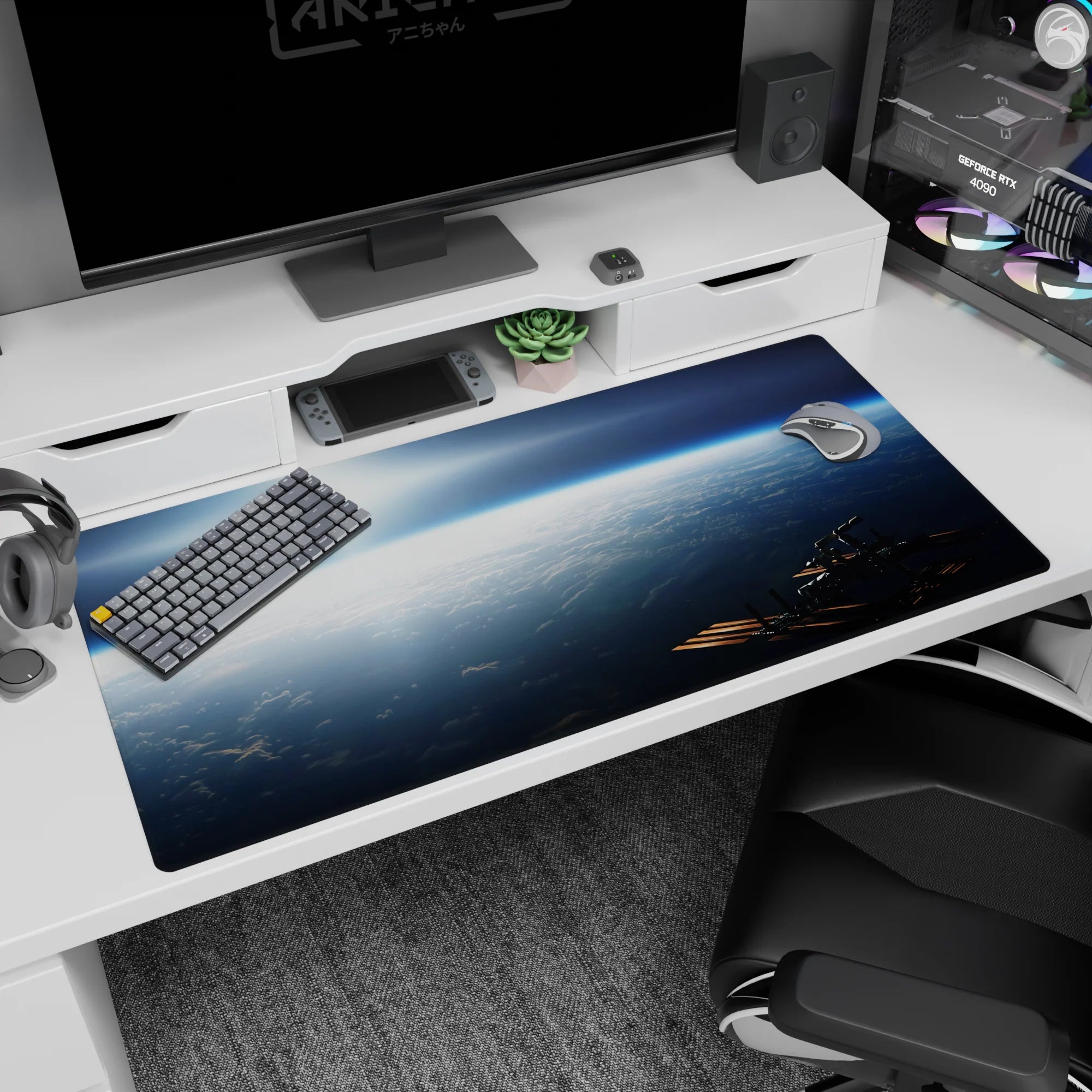 Clouds-from-above sunrise scene desk pad 40x20 inches featuring a small space station in the corner.