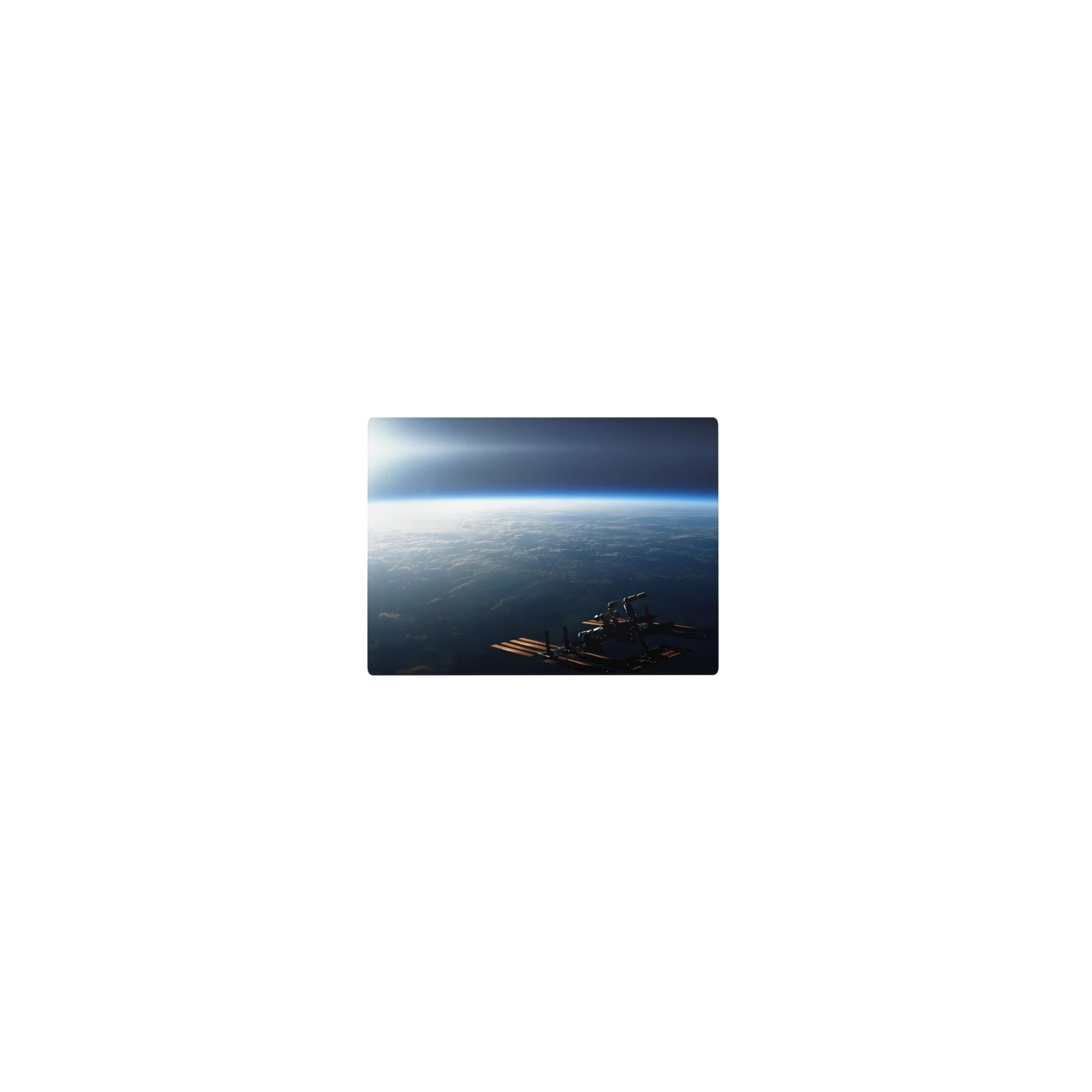 Classic 14x10 inches mouse pad with serene sunrise above clouds and a small space station silhouette.